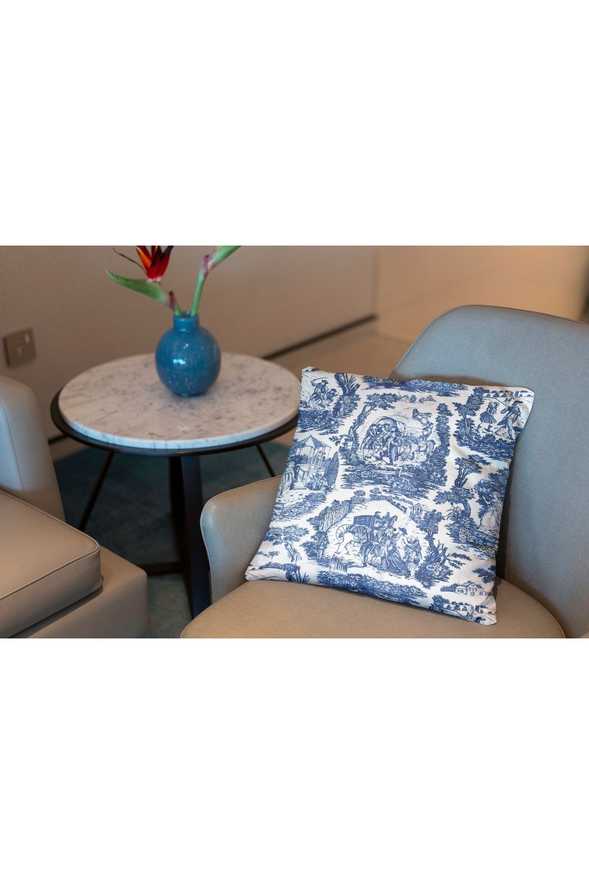 Kırlent Blue Blanc Beyaz Lacivert Vintage Desenli Dekoratif Kırlent Kılıfı Pillow24