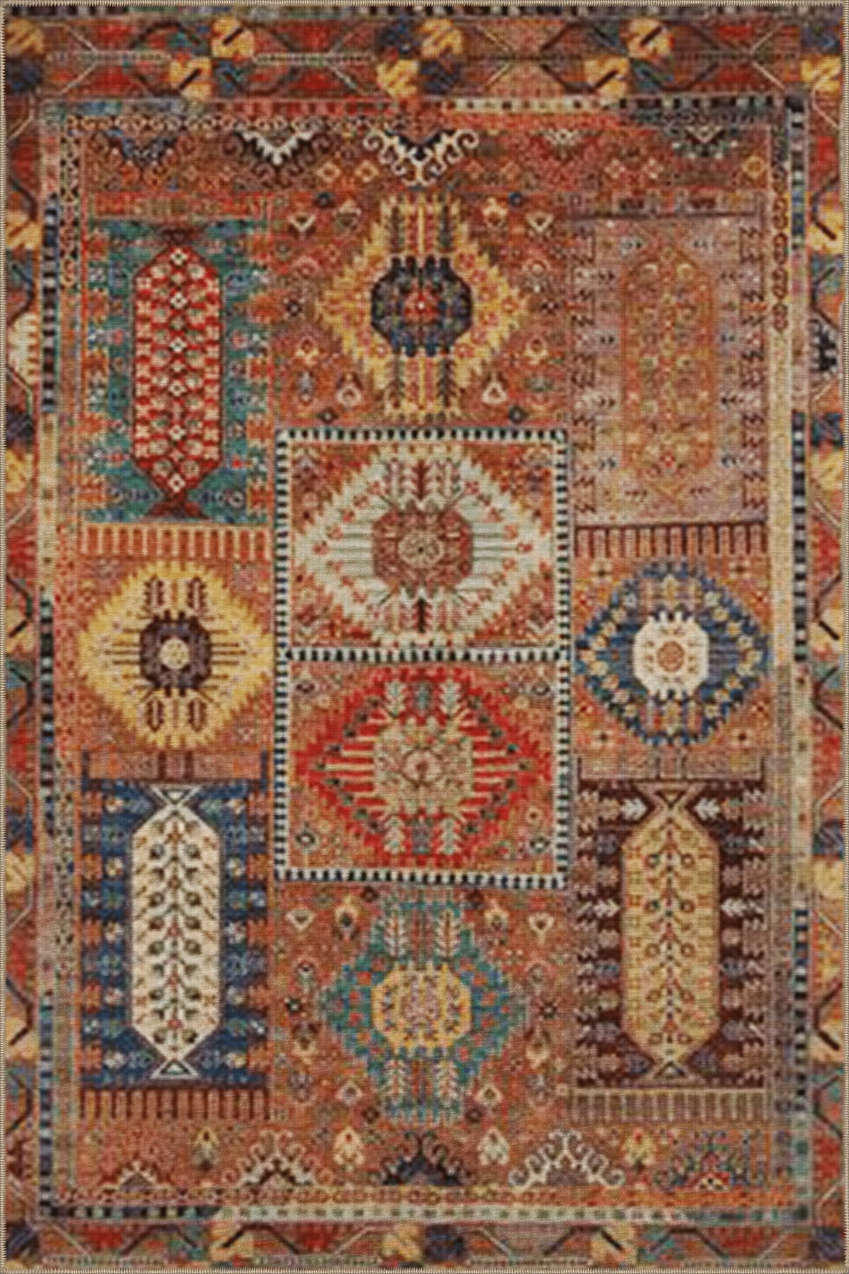 Kahve Bej Temalı Motifli Etnik Desenli Vintage Dekoratif Halı 3810