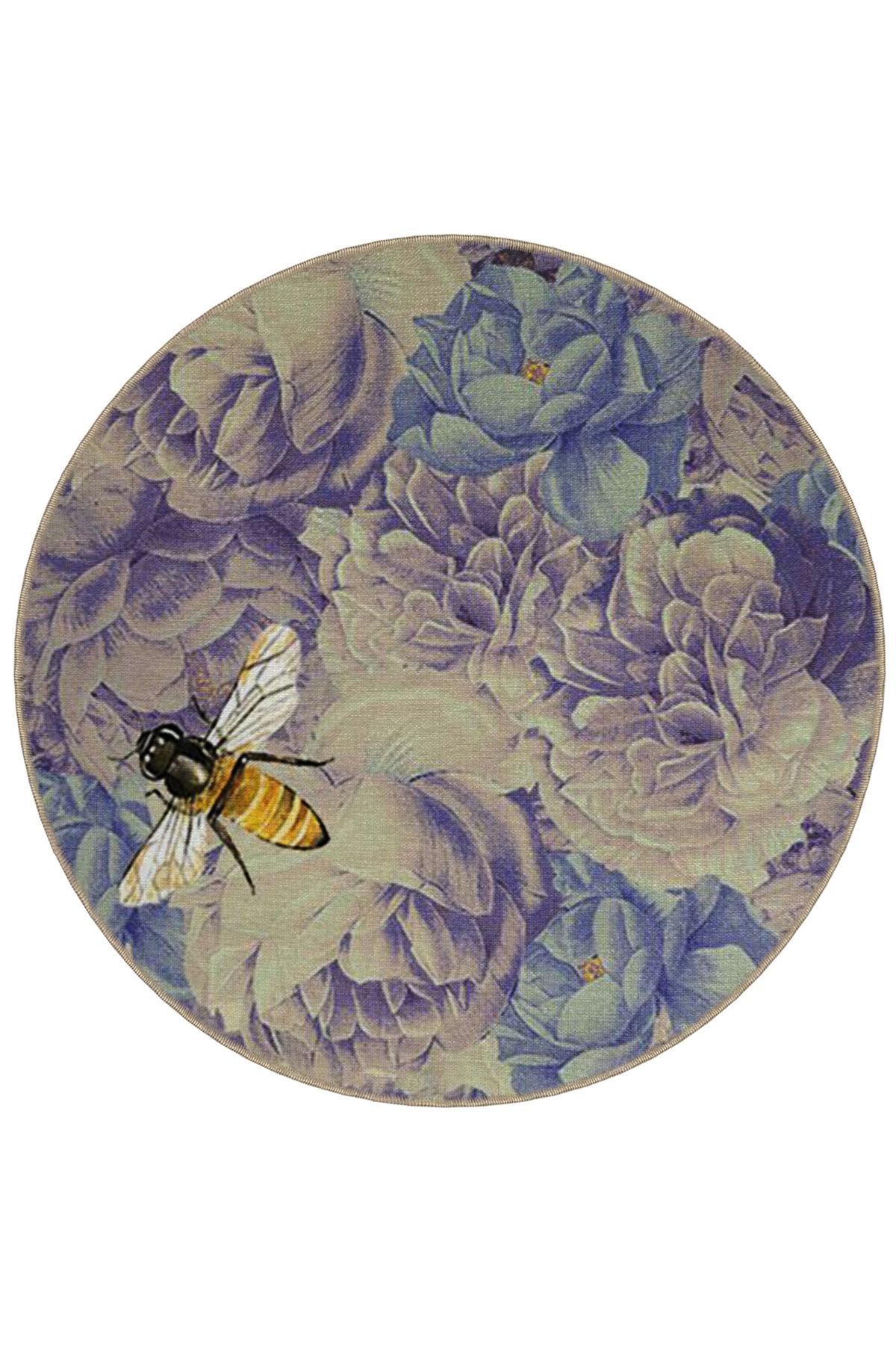 Mira Yuvarlak Mavi Mor Tonlarda Çiçekler ve  Arı Detaylı Modern Dekoratif Halı 5526