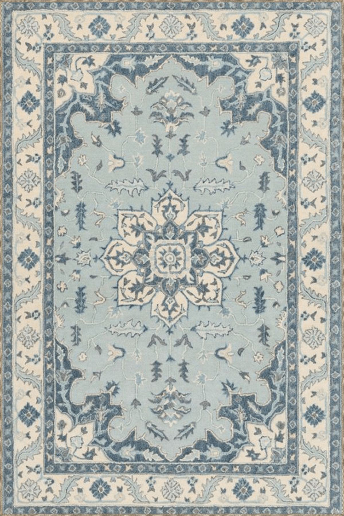 Açık Mavi Temalı Geleneksel Motif Çiçek Desenli Vintage Dekoratif Halı 4537