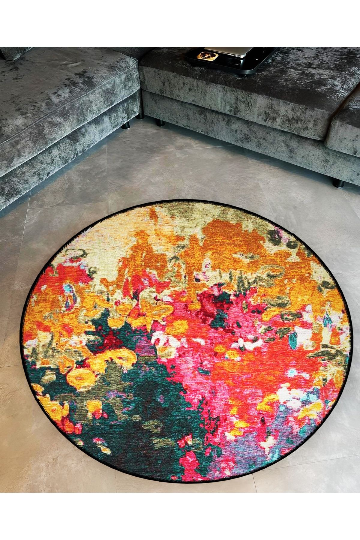 Çok Renkli Soyut Abstract Desenli Yuvarlak Dokuma Taban Modern Dekoratif Halı 6158