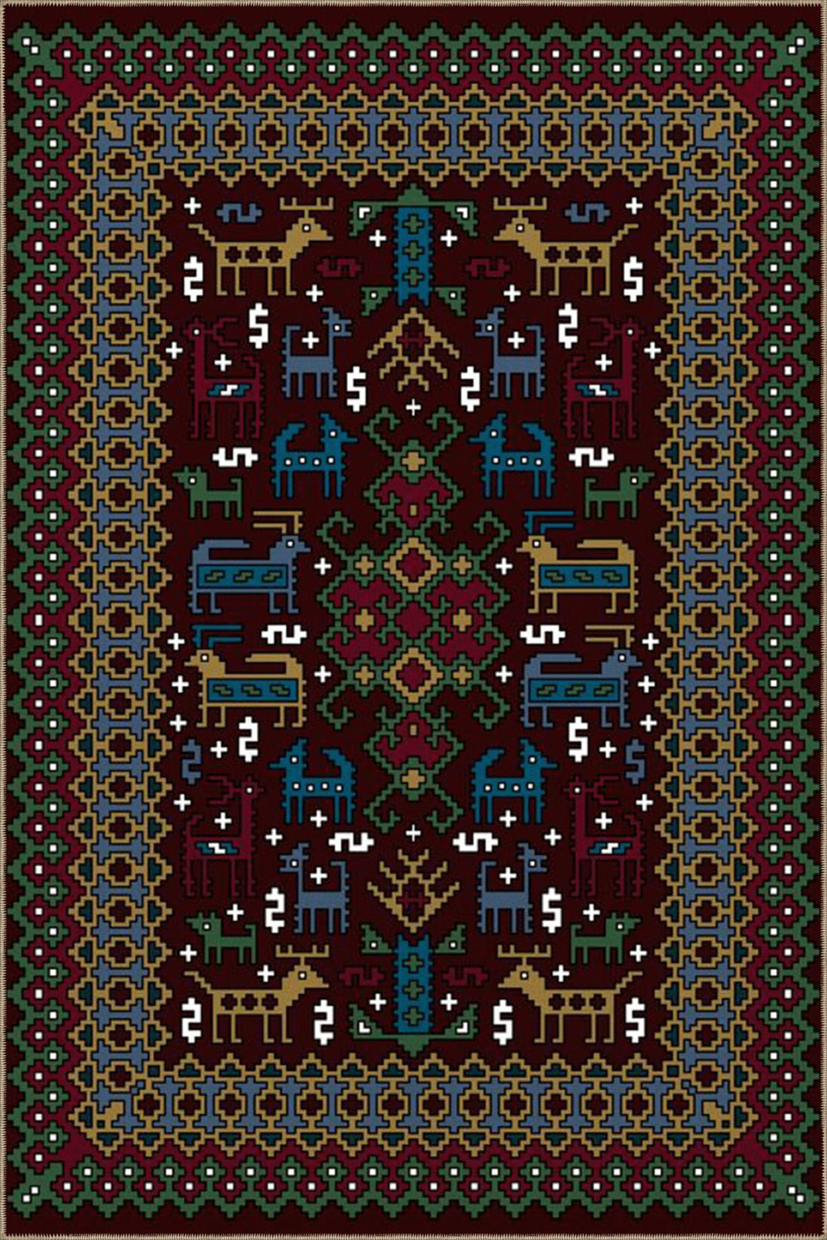 Kahverengi Temalı Motifli Etnik Figür Desenli Vintage Dekoratif Halı 4644