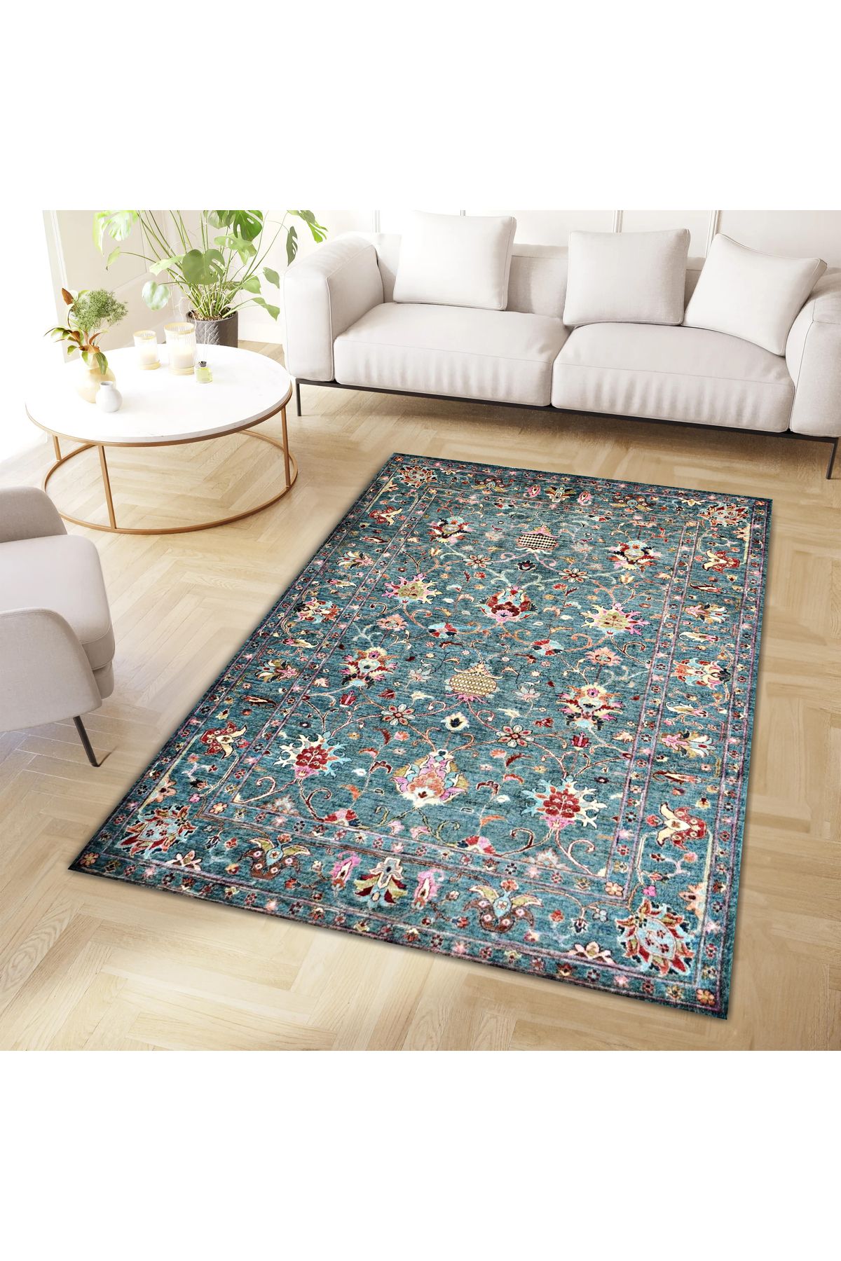 Mete Koleksiyonu Turkuaz Temalı Geleneksel Motif Desenli Vintage Dekoratif Halı 44