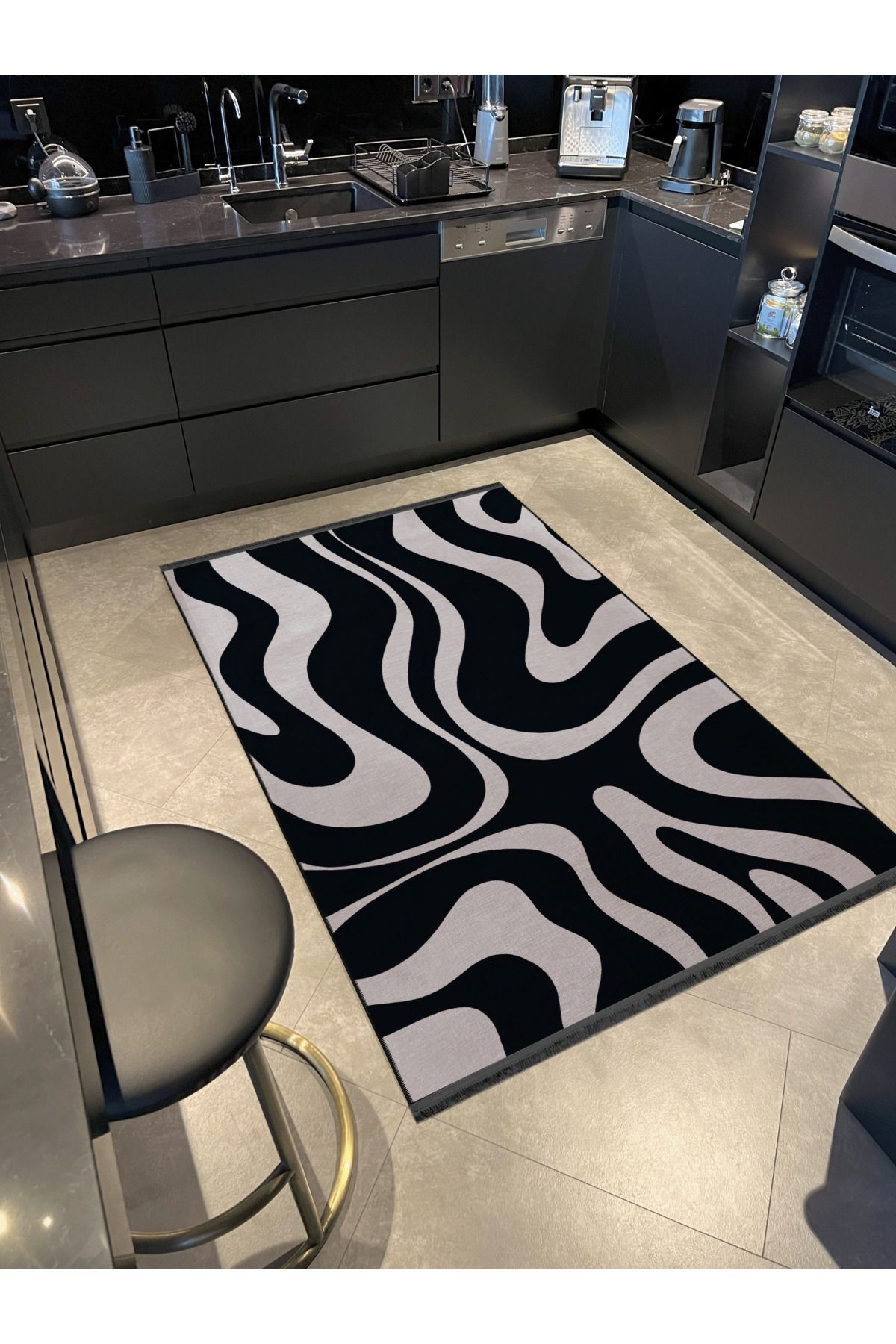 Siyah Bej Temalı Zebra Desenli Kreatif Modern Dekoratif Halı 2537
