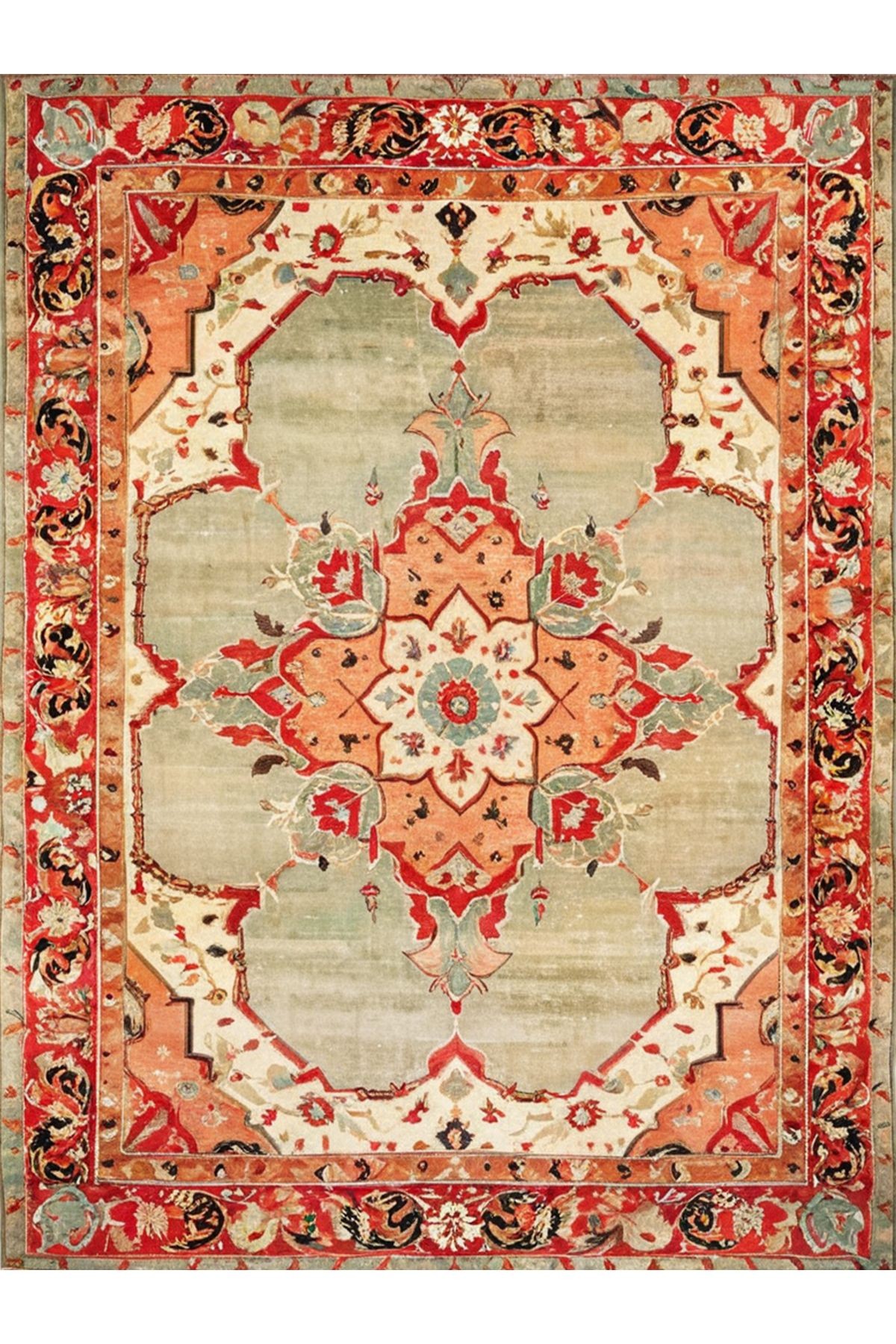 Tokyo Koleksiyonu Yeşil Turuncu Ton Çiçekli Geleneksel Desen Dokuma Taban Vintage Dekoratif Halı 02