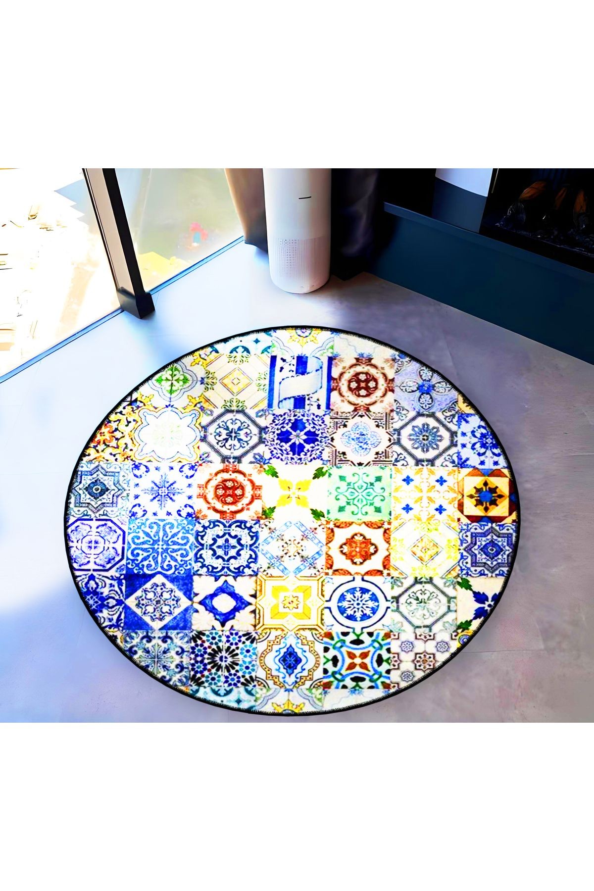 Mira Yuvarlak Mavi Tonlarda Çini Desenler Dokuma Taban Dekoratif Halı 5734