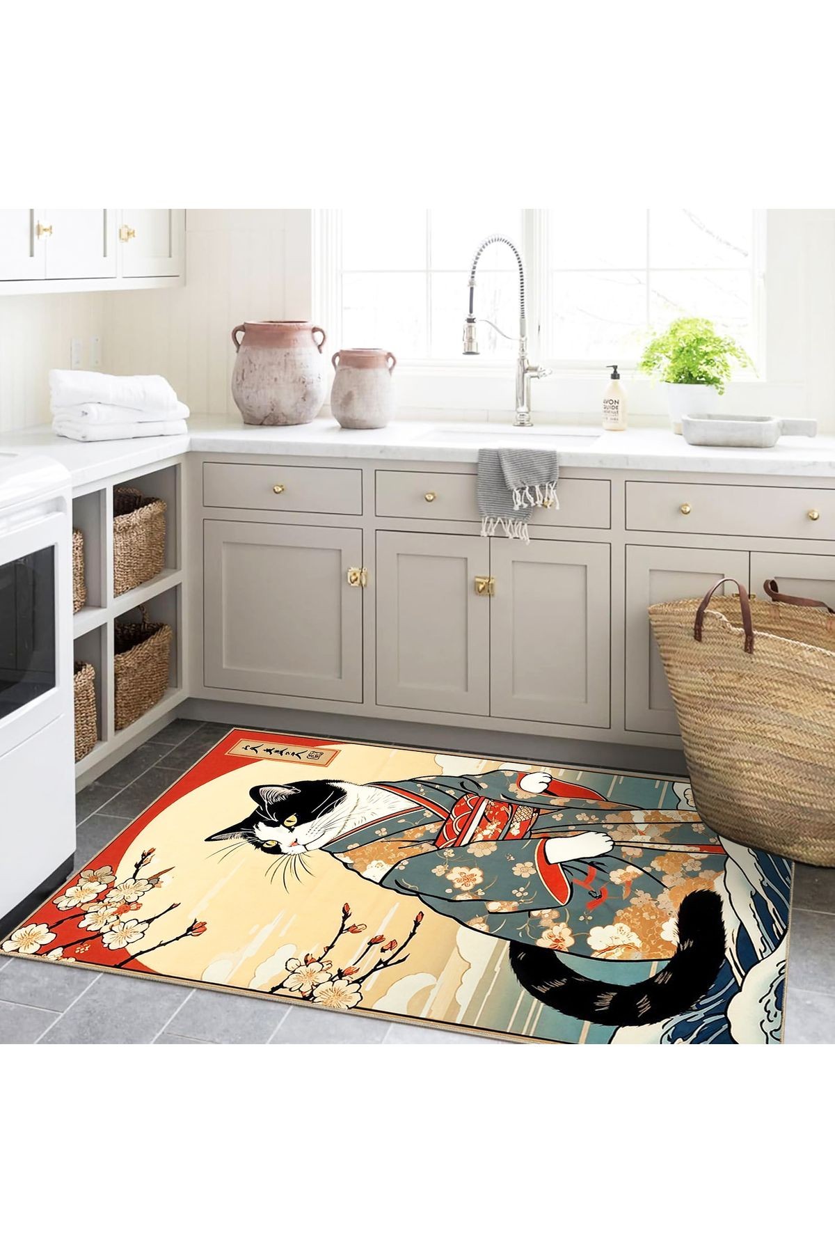 Tuğrul Koleksiyonu Soyut Temalı Kimono Giyen Kedi Desenli Dokuma Taban Modern Dekoratif Halı 38