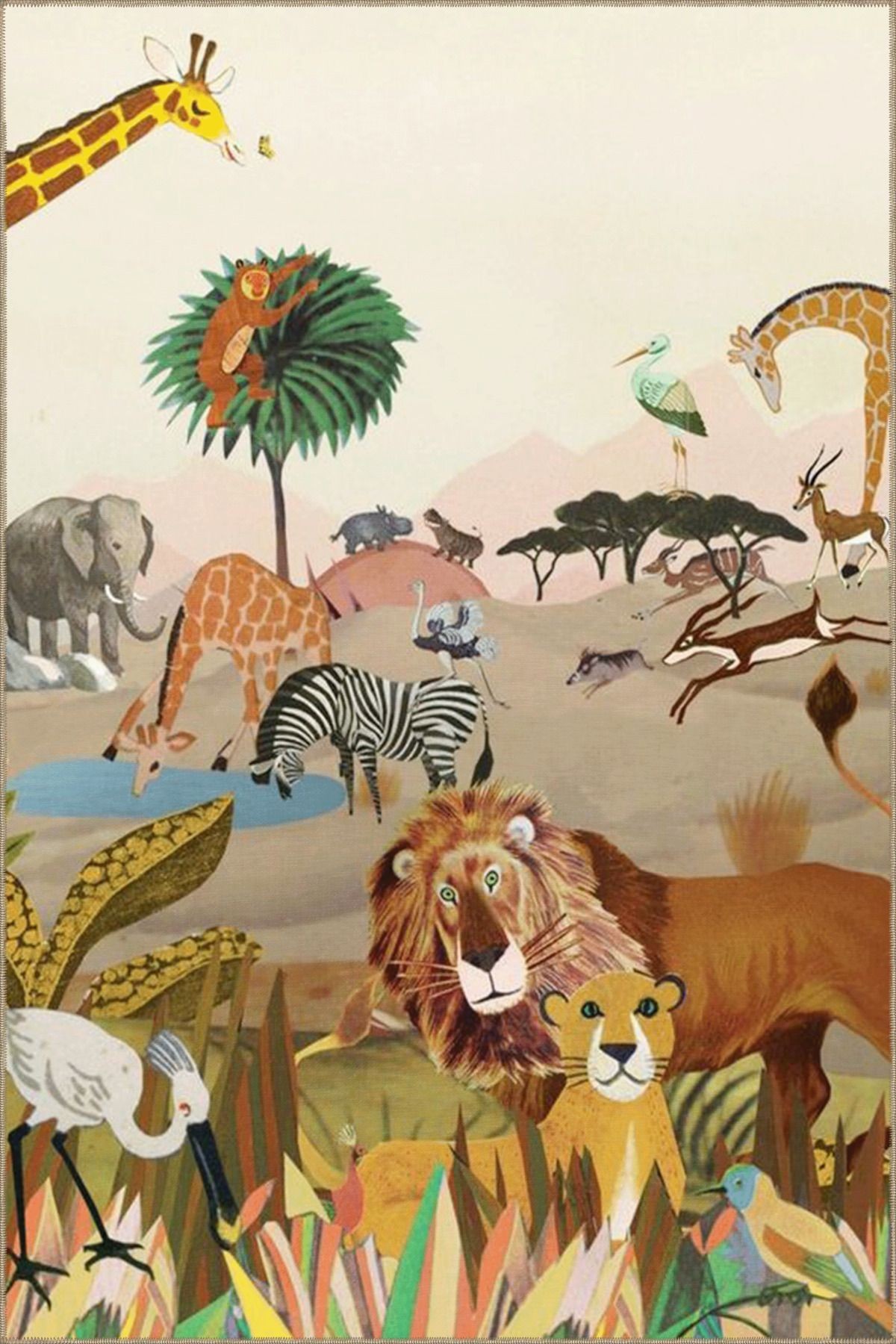 Vahşi Orman Temalı Aslan Zürafa ve Zebra Desenli Modern Dekoratif Halı 3552