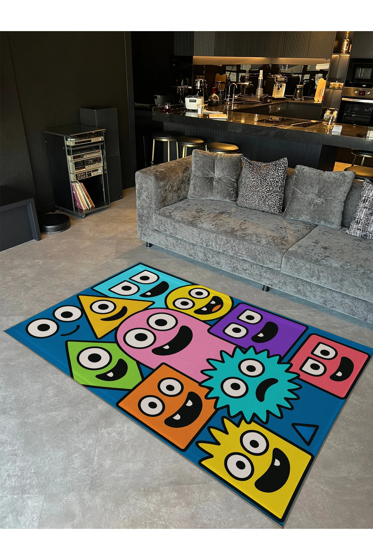 MOSSO Çok Renkli Soyut Çizgi Karakter Figürleri Desen Dokuma Taban Dekoratif Halı mosso312