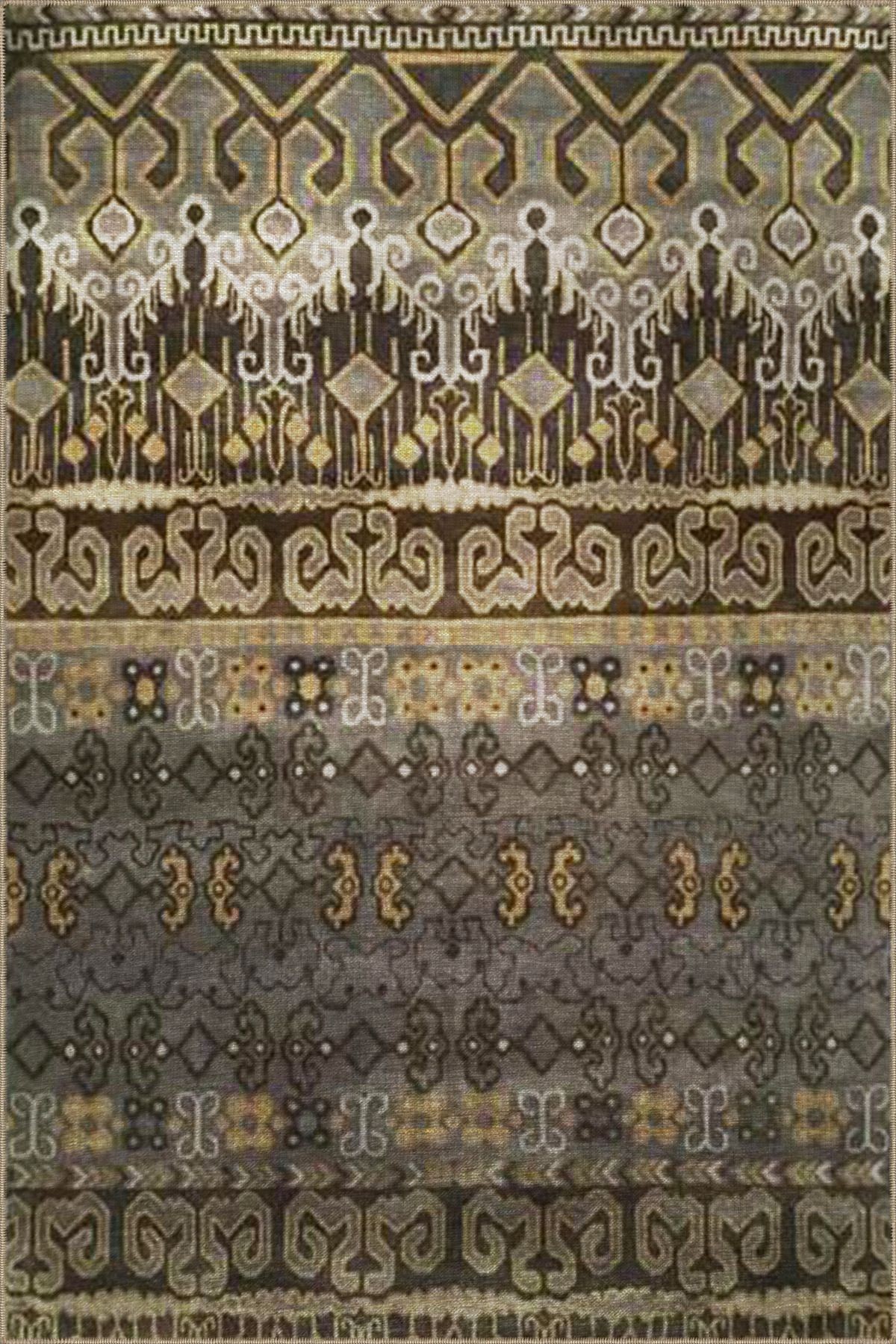 Kahve Gri Temalı Motifli Etnik Desenli Vintage Dekoratif Halı 3291