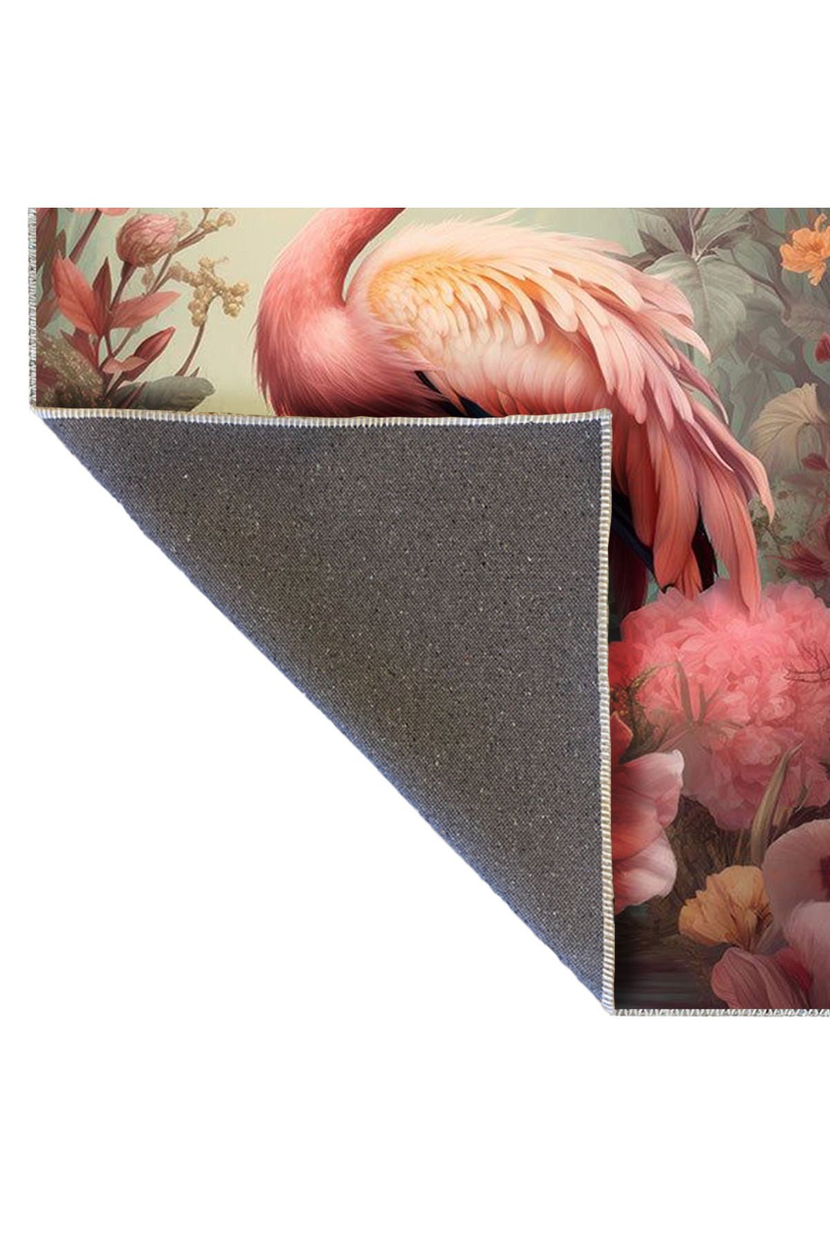Kubilay Koleksiyonu Çok Renkli Çiçek Detaylı Flamingo Desenli Dokuma Taban Modern Dekoratif Halı 26