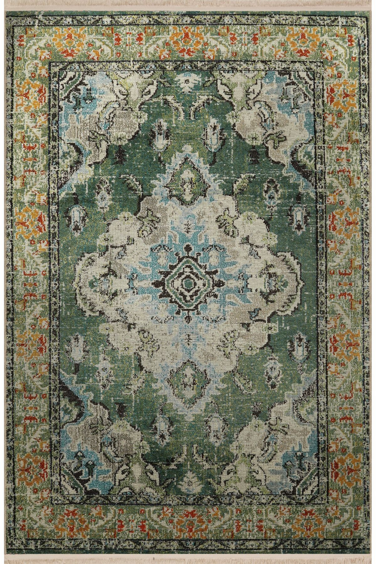 Yeşil Temalı Çok Renkli Geleneksel Motif Etnik Desenli Vintage Dekoratif Halı 2691