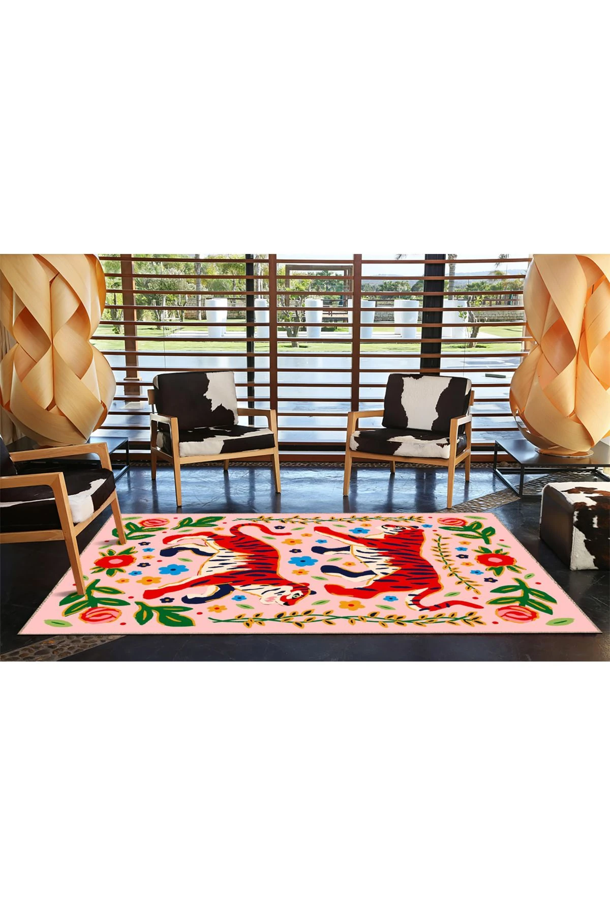 Kırmızı Kaplan ve Çiçek Desenli Halı 3751