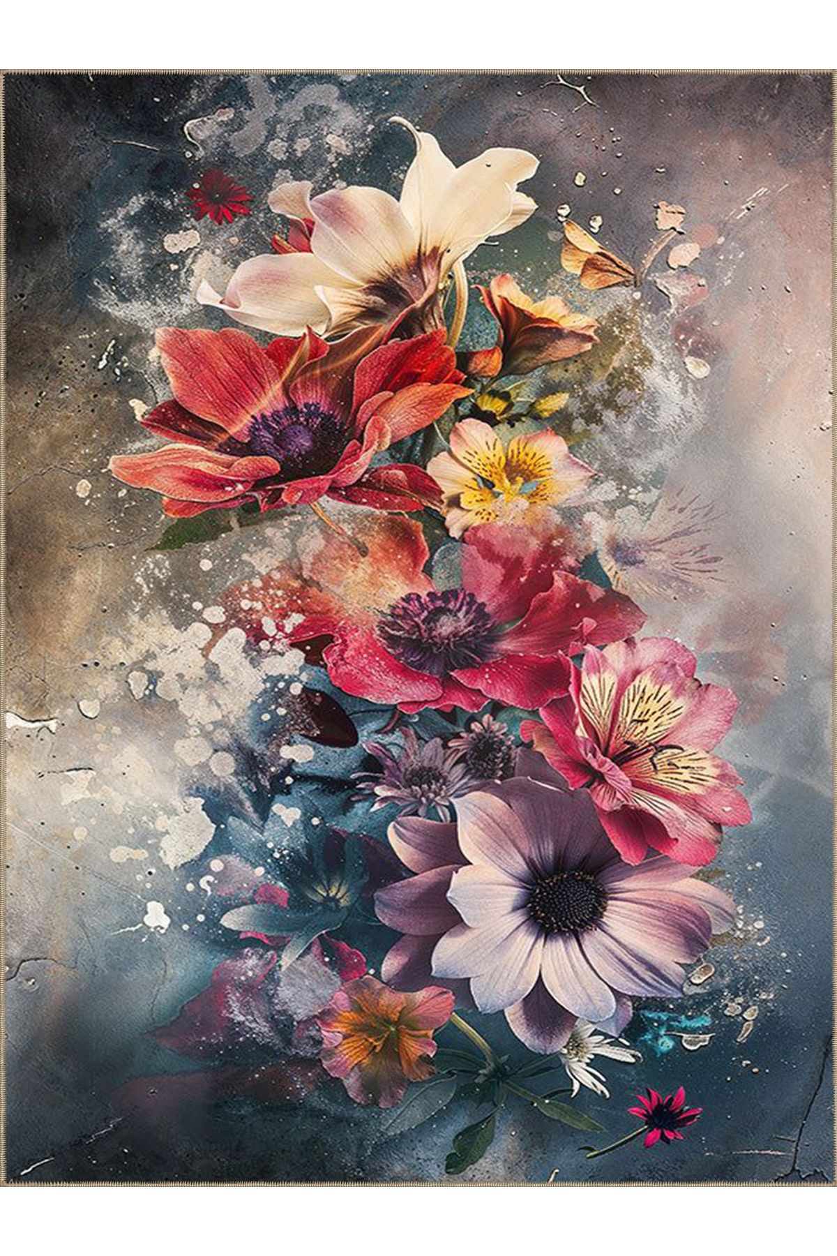 Güneş Koleksiyonu Renkli Çiçekler  Desenli Dokuma Taban Modern Dekoratif Halı güneş48