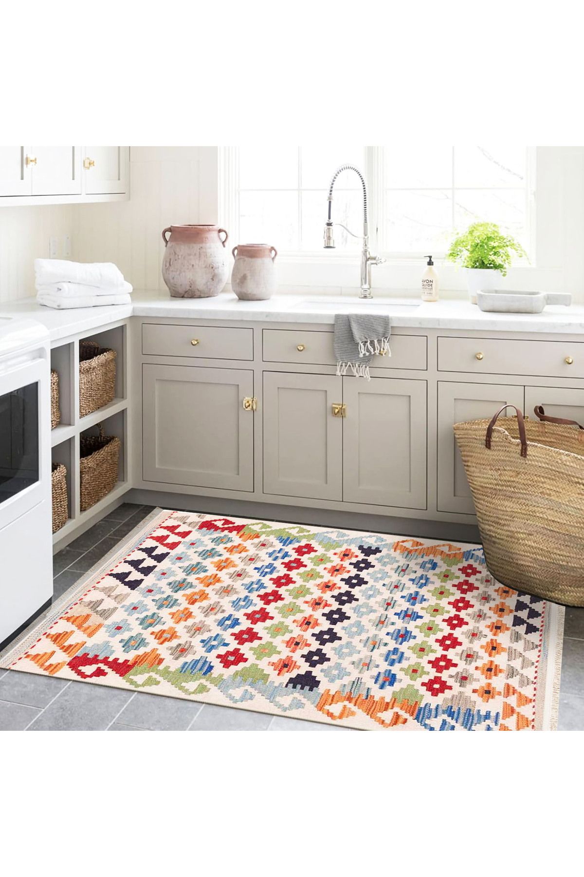 Güney Koleksiyonu Çok Renkli Geometrik Motifli Desenli Vintage Dekoratif Halı 36