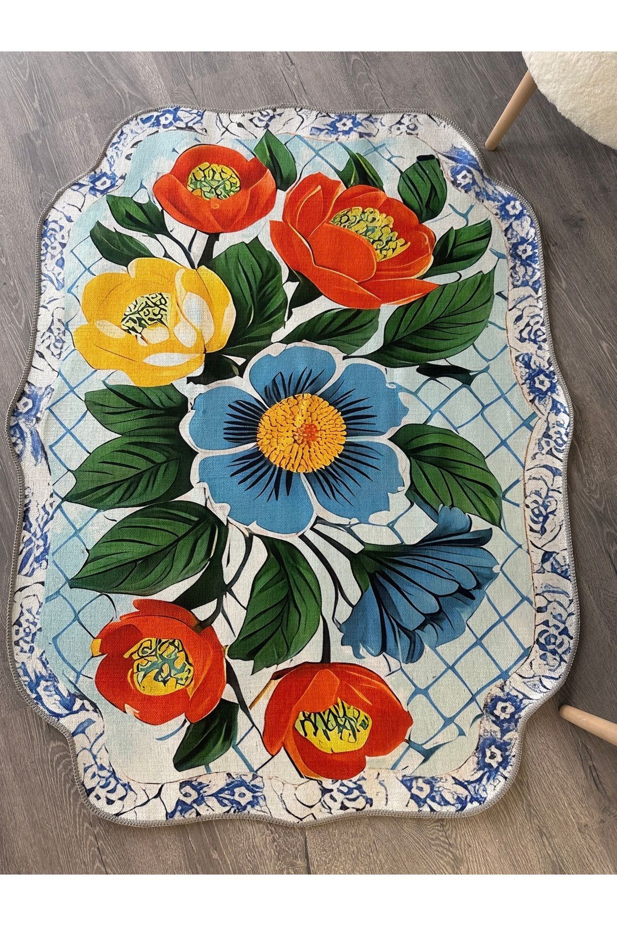 Leyla Koleksiyonu Çok Renkli Çiçekler Desenli Dokuma Taban Dekoratif Halı leyla55