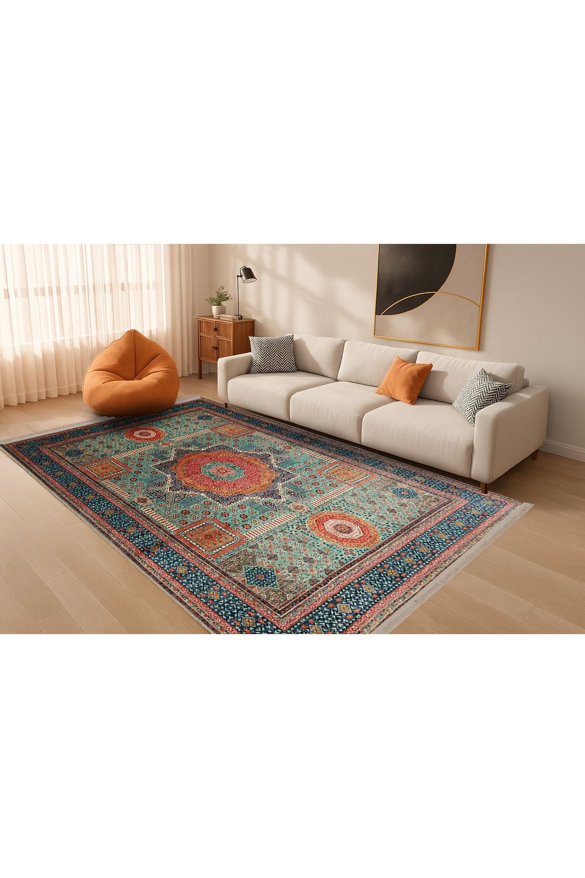 Memlük Koleksiyonu Mavi Tonlar Etnik Motif Desenli Dokuma Taban Vintage Dekoratif Halı memlük34