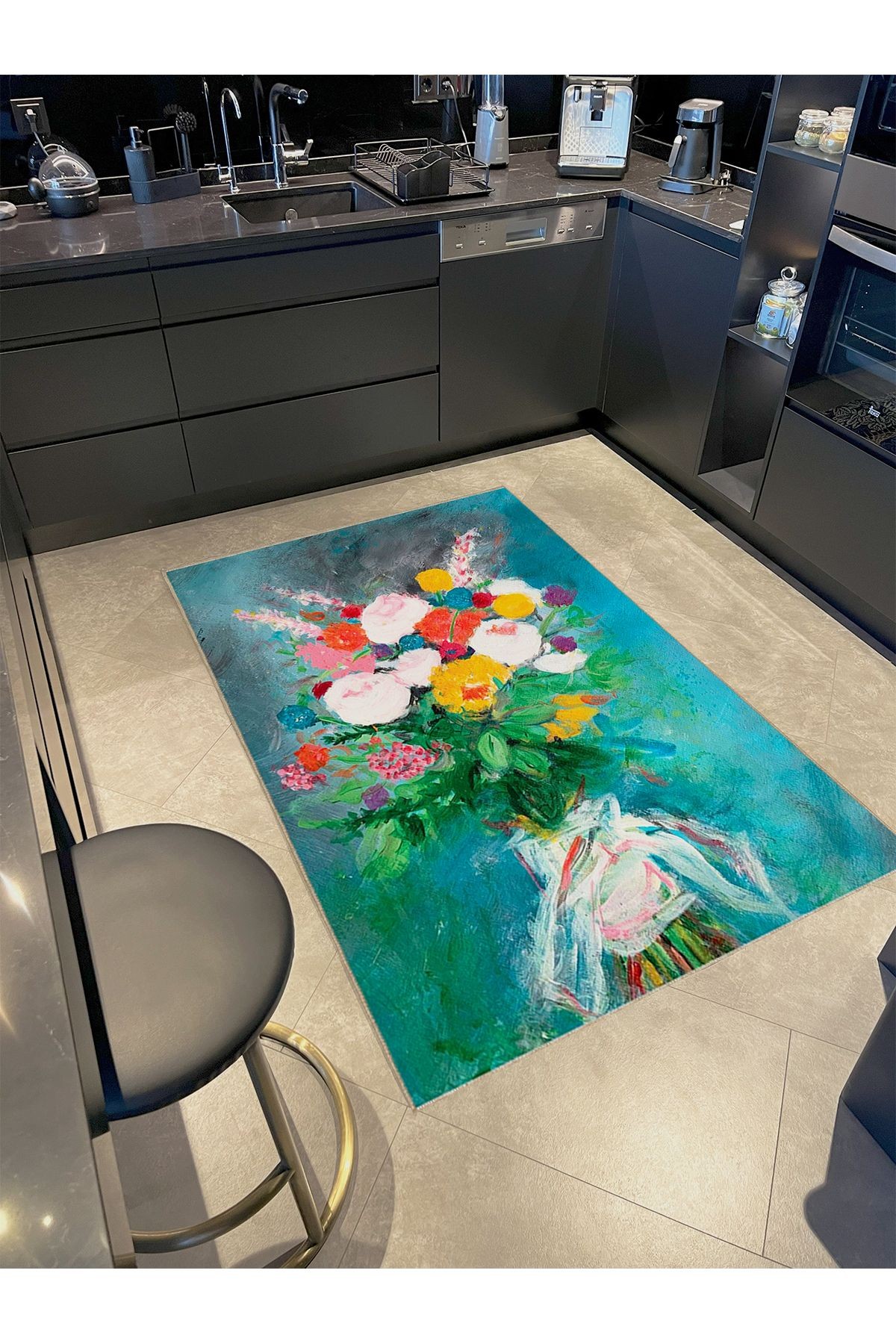 Buse Koleksiyonu Pastel Boya Görünümlü Çiçek Buketi Desenli Dokuma Taban Dekoratif Halı buse18