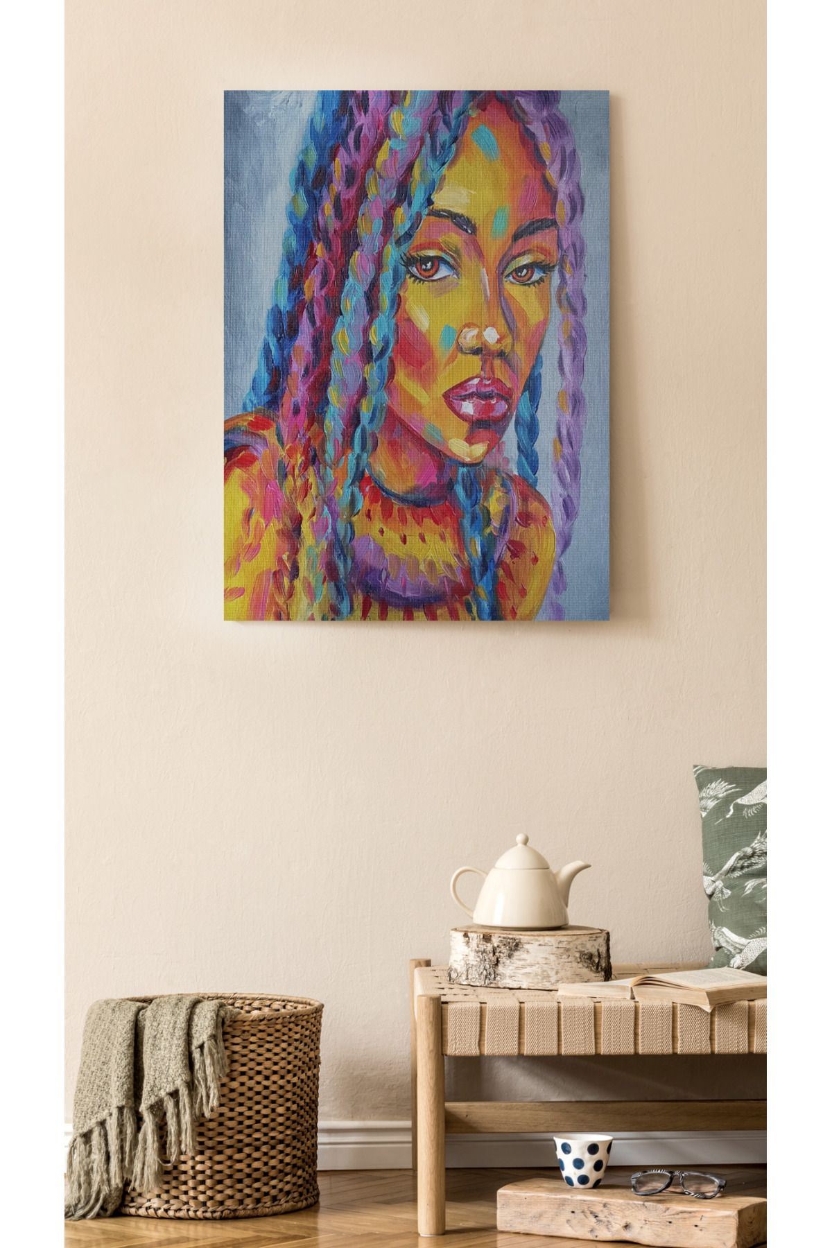 Kanvas Tablo Sulu Boyalı Kadın Temalı Renkli Tonlarda Modern Tablo