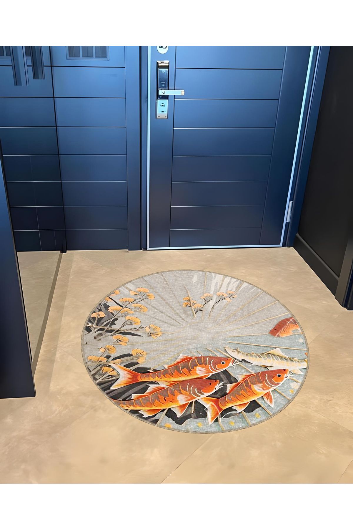 Gri Temalı Turuncu Balık ve Çiçek Desenli Modern Dekoratif Halı 5119