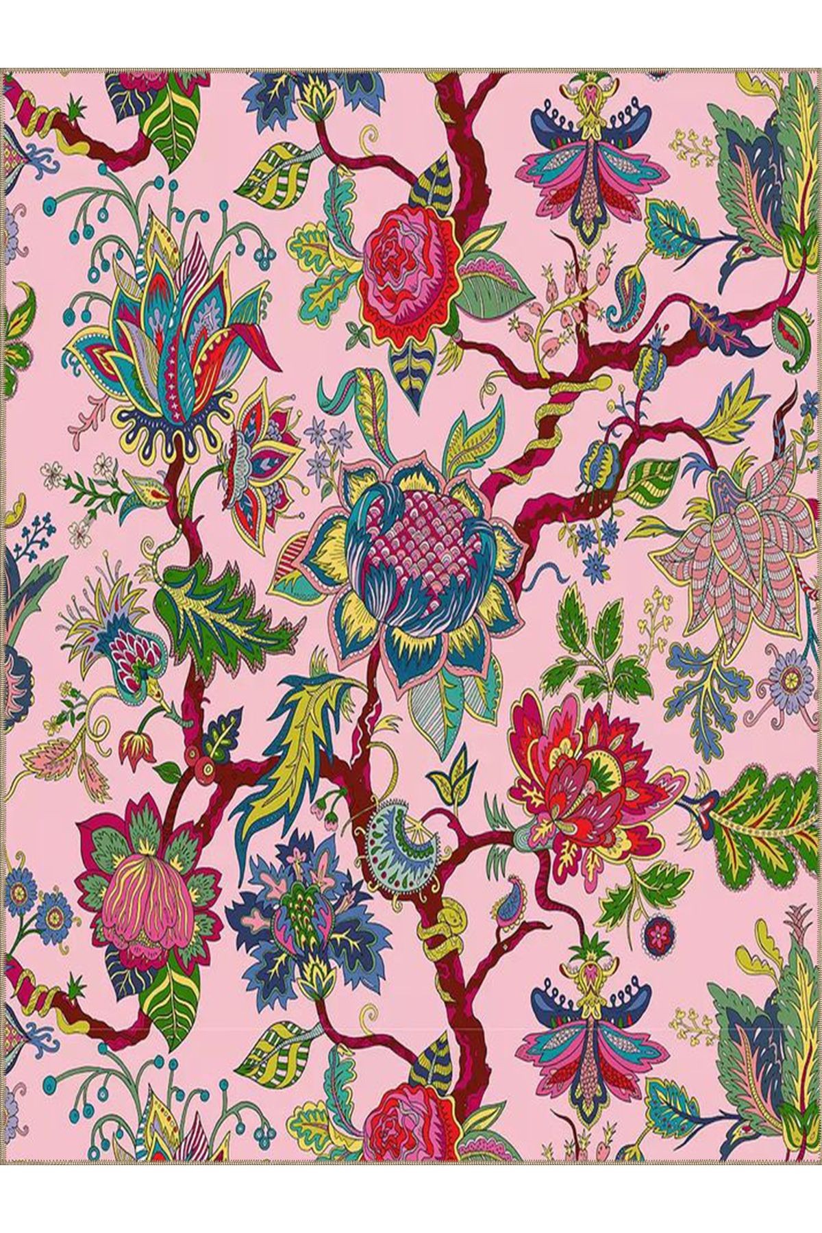 Tuğrul Koleksiyonu Pembe Temalı Sarmaşık ve Çiçekler Desenli Dokuma Taban Modern Dekoratif Halı 35