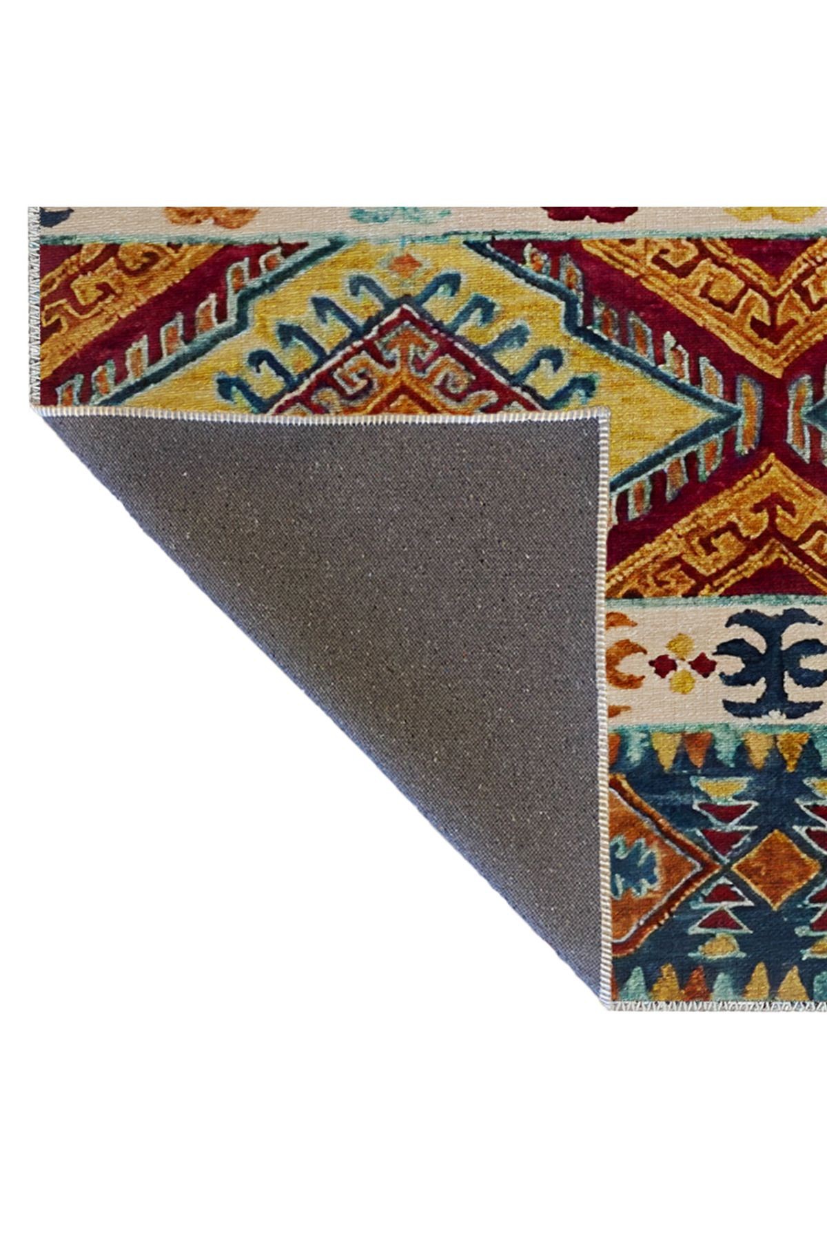 Mavi Sarı Temalı Geleneksel Motif Etnik Desenli Vintage Dekoratif Halı 1923