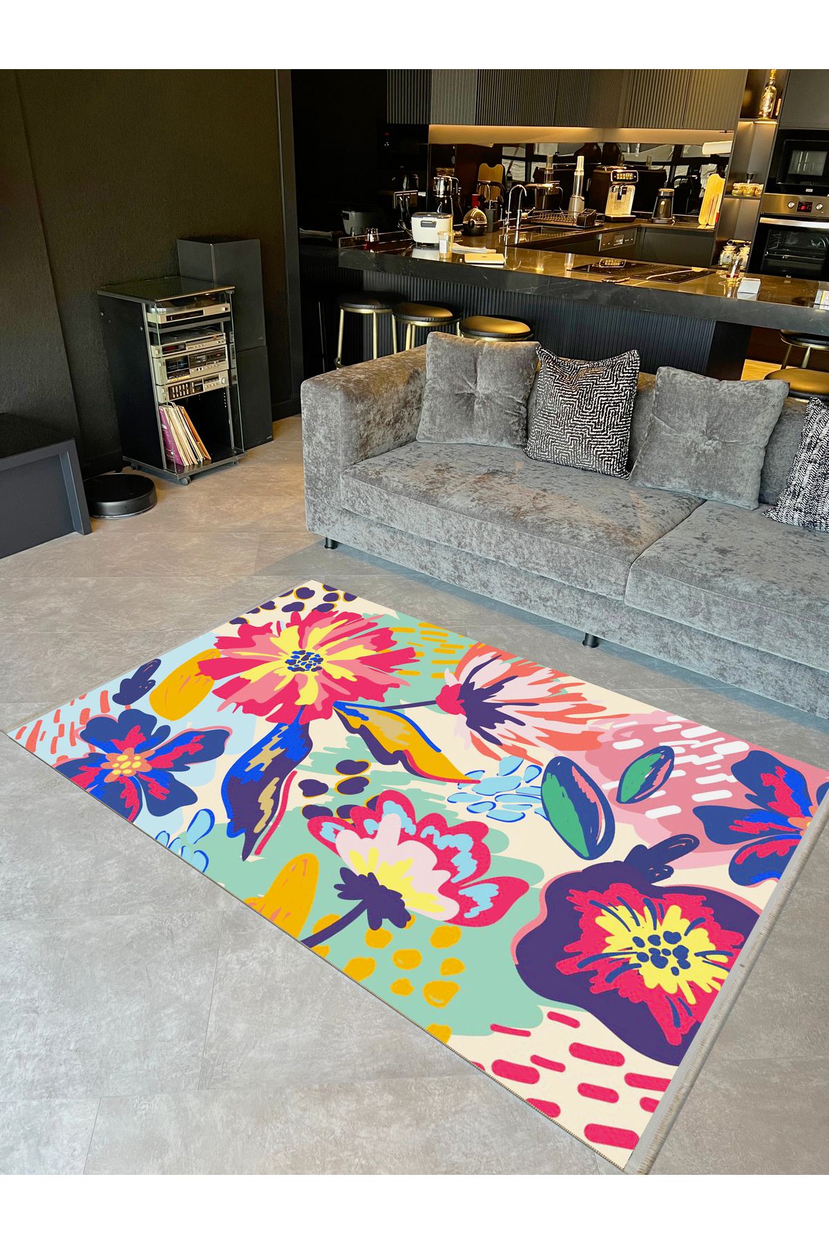 Özge Koleksiyonu Çok Renkli Çiçekler Desenli Dokuma Taban Modern Dekoratif Halı özge47