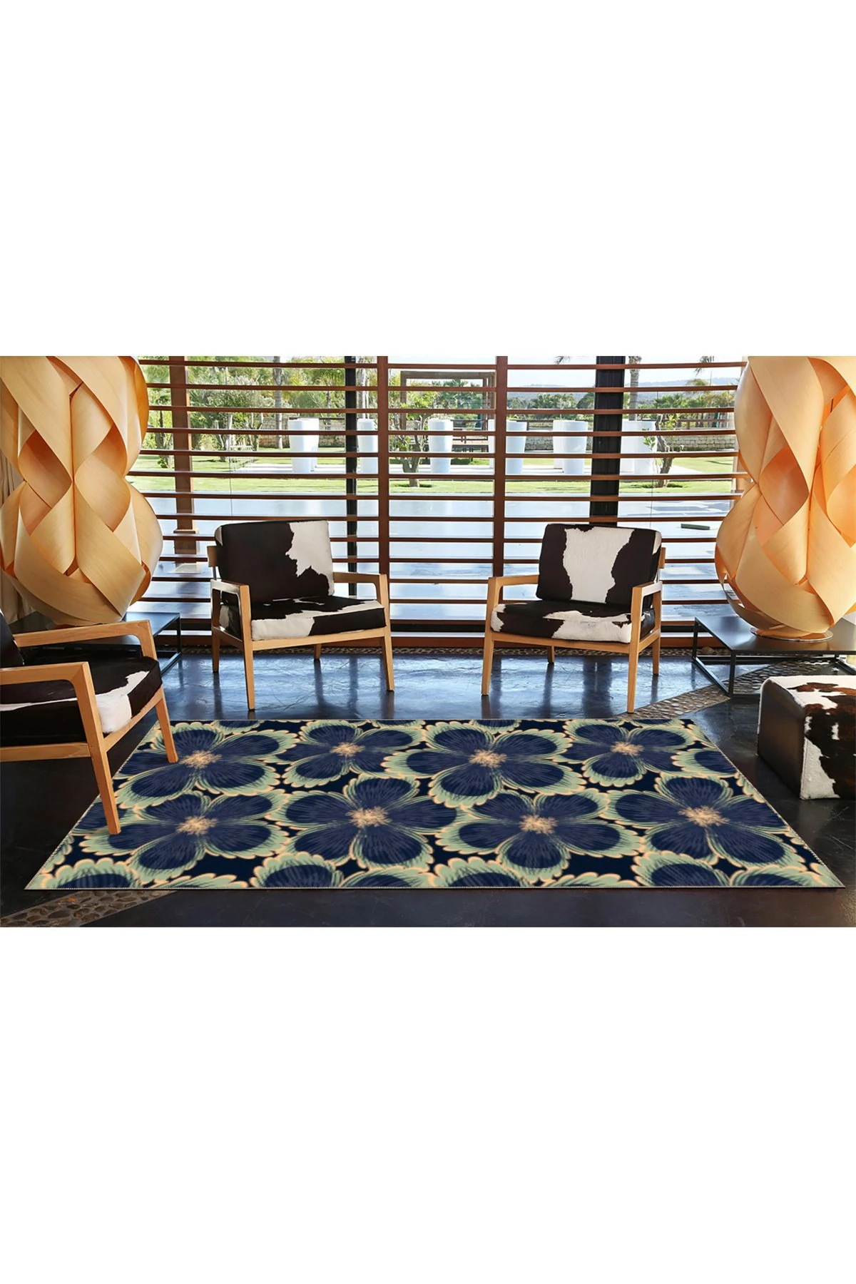 Siyah Lacivert Temalı Floral Çiçek Desenli Kreatif Modern Dekoratif Halı 3600