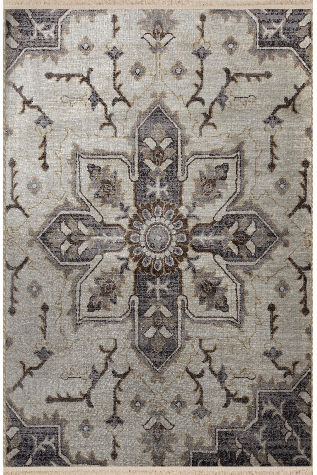 Gri Temalı Motifli Etnik Çiçek Desenli Saçaklı Vintage Dekoratif Halı 3082