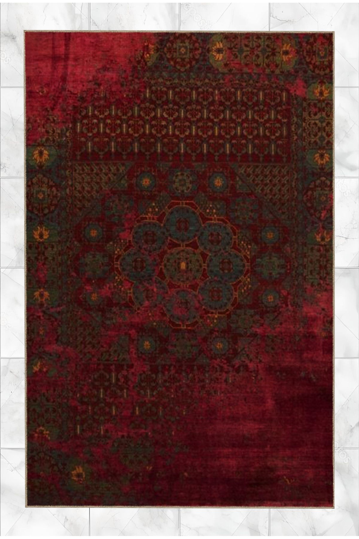 Bordo Temalı Geleneksel Motif Etnik Desenli Vintage Dekoratif Halı 5195