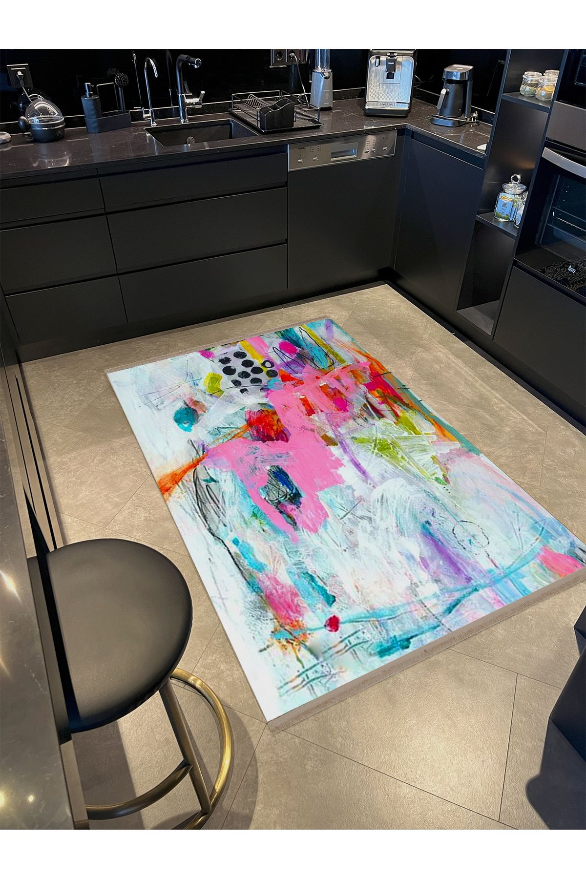 Özge Koleksiyonu Yağlı Boya Görünümlü Çok Renkli Soyut Desenli Dokuma Taban Dekoratif Halı özge17