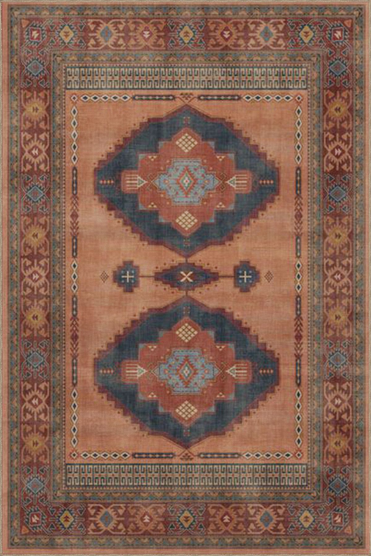 Kahverengi Kübik Çiçekli Çok Renkli Dokuma Taban Halı miravip8114