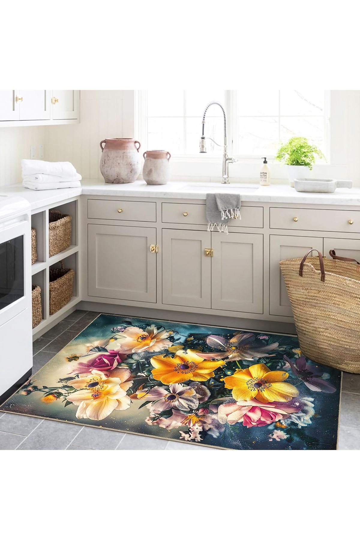 Semih Koleksiyonu Sürrealistik Temalı Floral Çiçekler Desenli Dokuma Taban Modern Dekoratif Halı 01