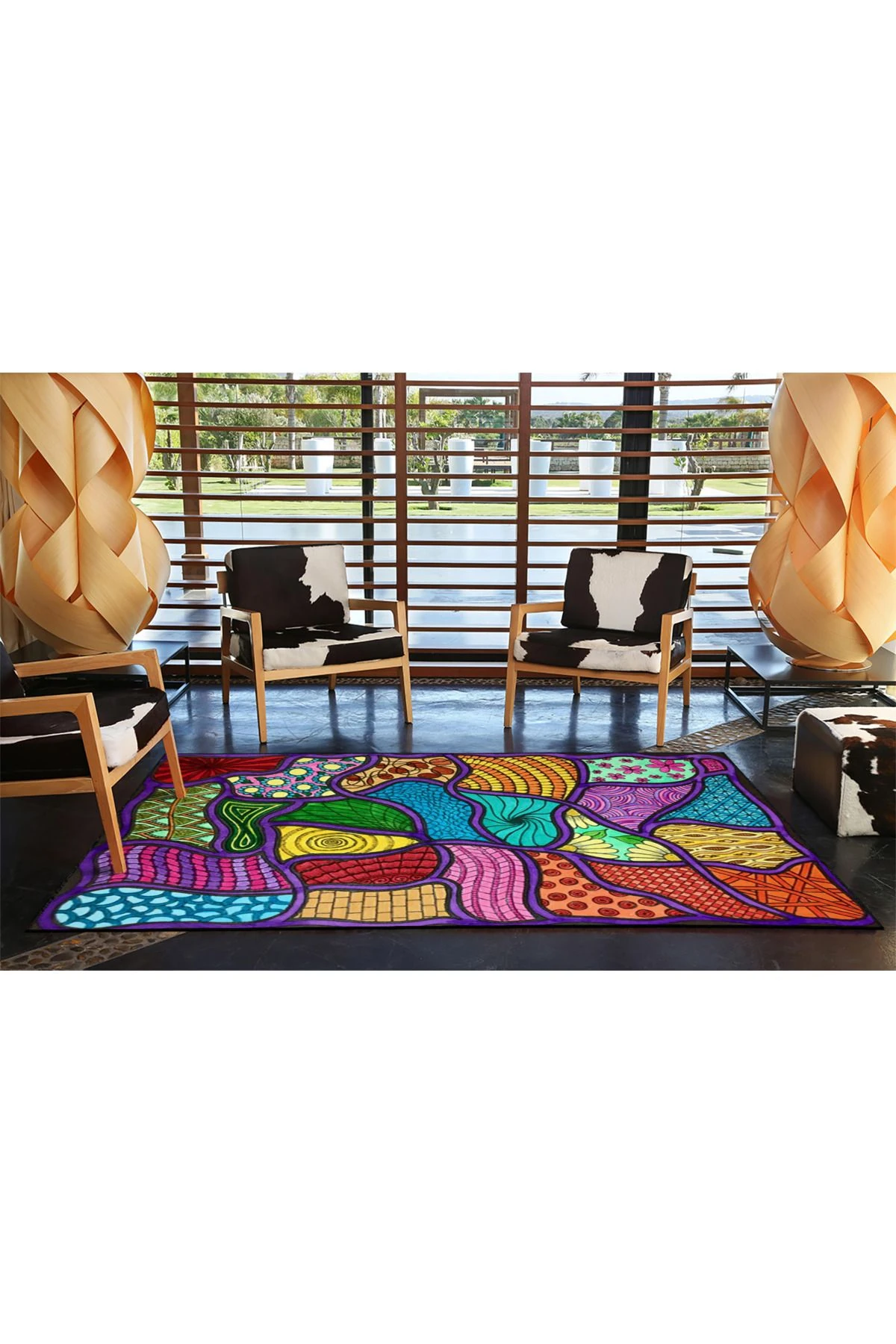 Mor Temalı Çok Renkli Soyut Figür Desenli Kreatif Modern Dekoratif Halı 3859