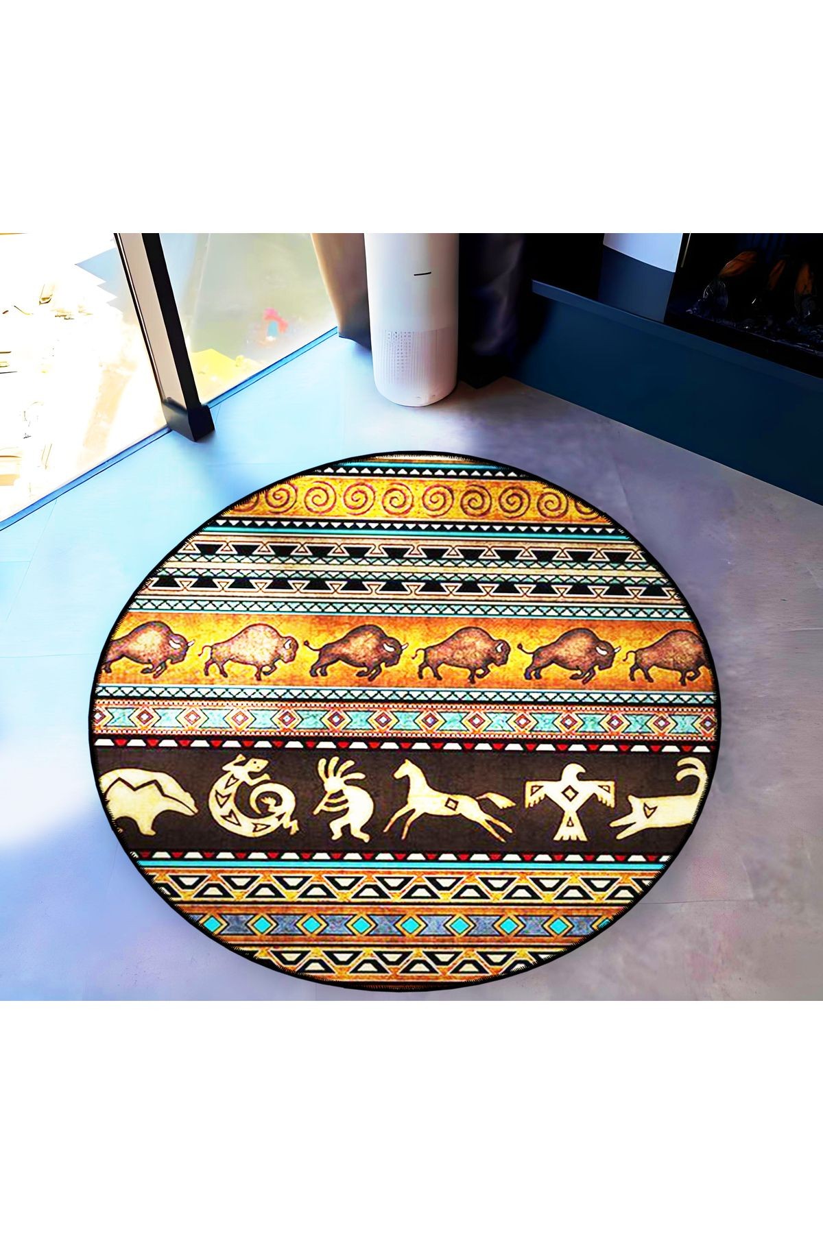 Mira Yuvarlak Turuncu Soyut Tribal Etnik Tarzı Desen Dokuma Taban Modern Dekoratif Halı 5790