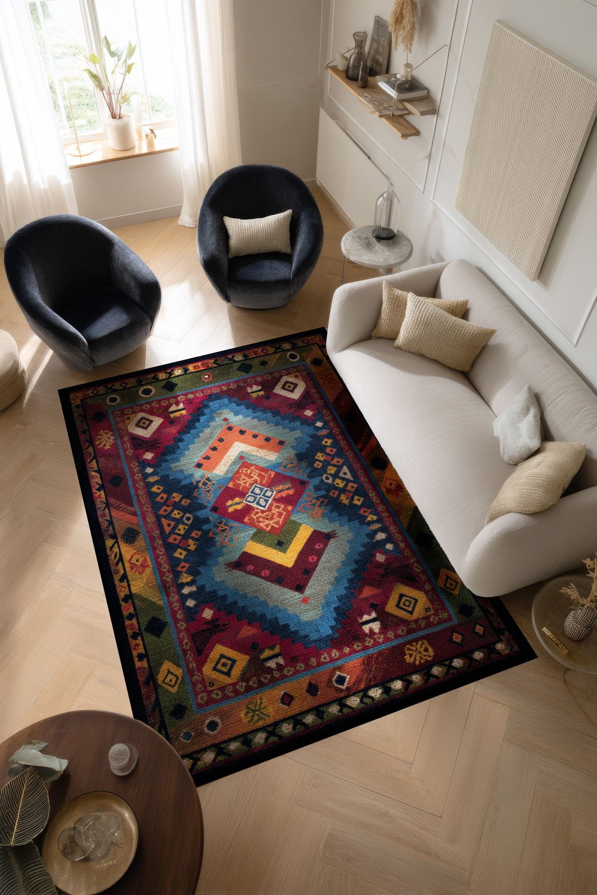Nora Art Etnik Vintage Renkli Eskitme Dokuma Taban Dekoratif Salon Halısı 63
