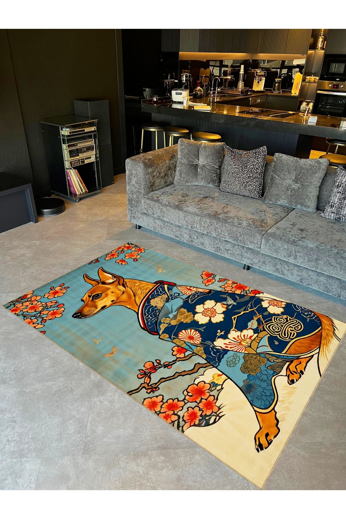 Seda Koleksiyonu Kimonolu Köpek Desenli Dokuma Taban Modern Dekoratif Halı seda31