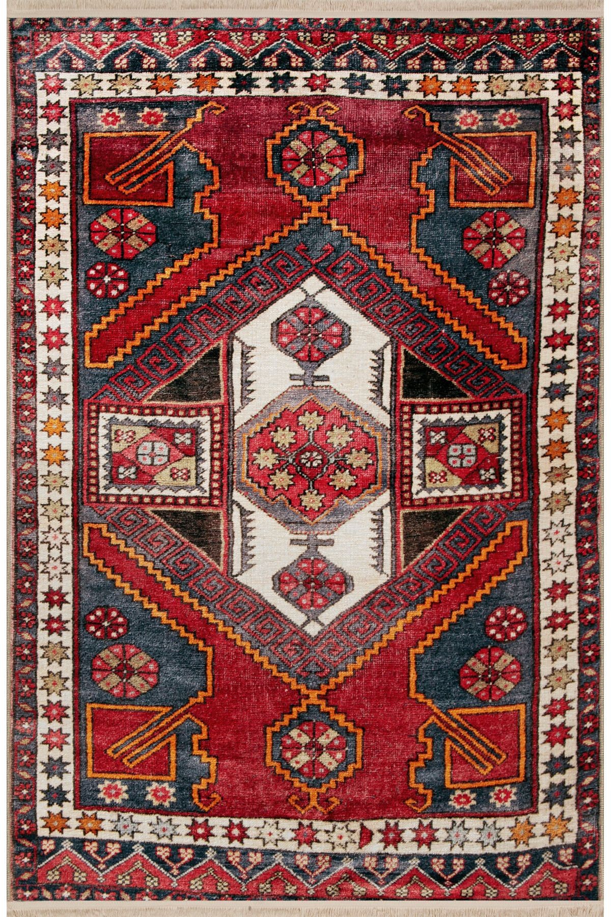 Mavi Kırmızı Temalı Geleneksel Motif Etnik Desenli Kreatif Vintage Dekoratif Halı 2453