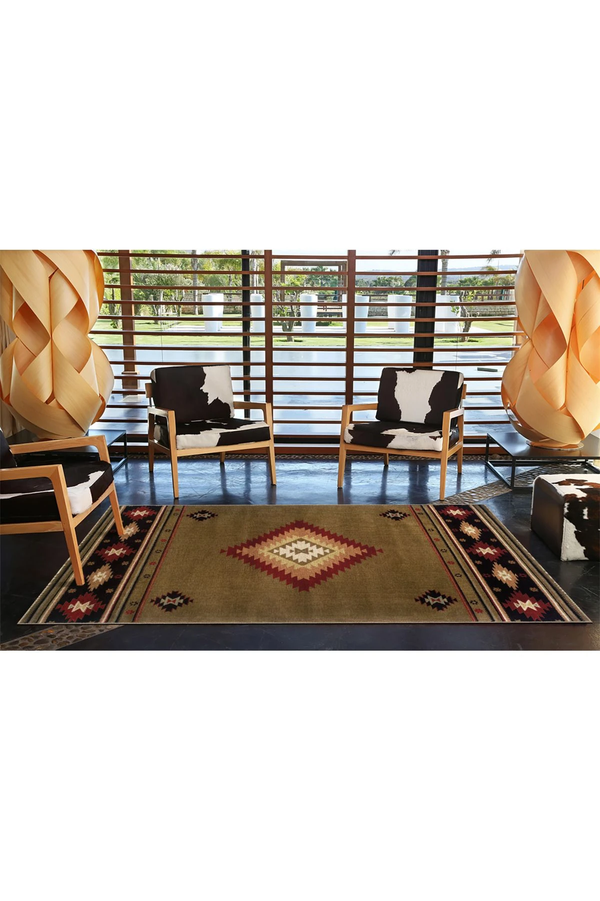 Kahverengi Temalı Hasır Tasarım Geometrik Desenli Vintage Dekoratif Halı 3407