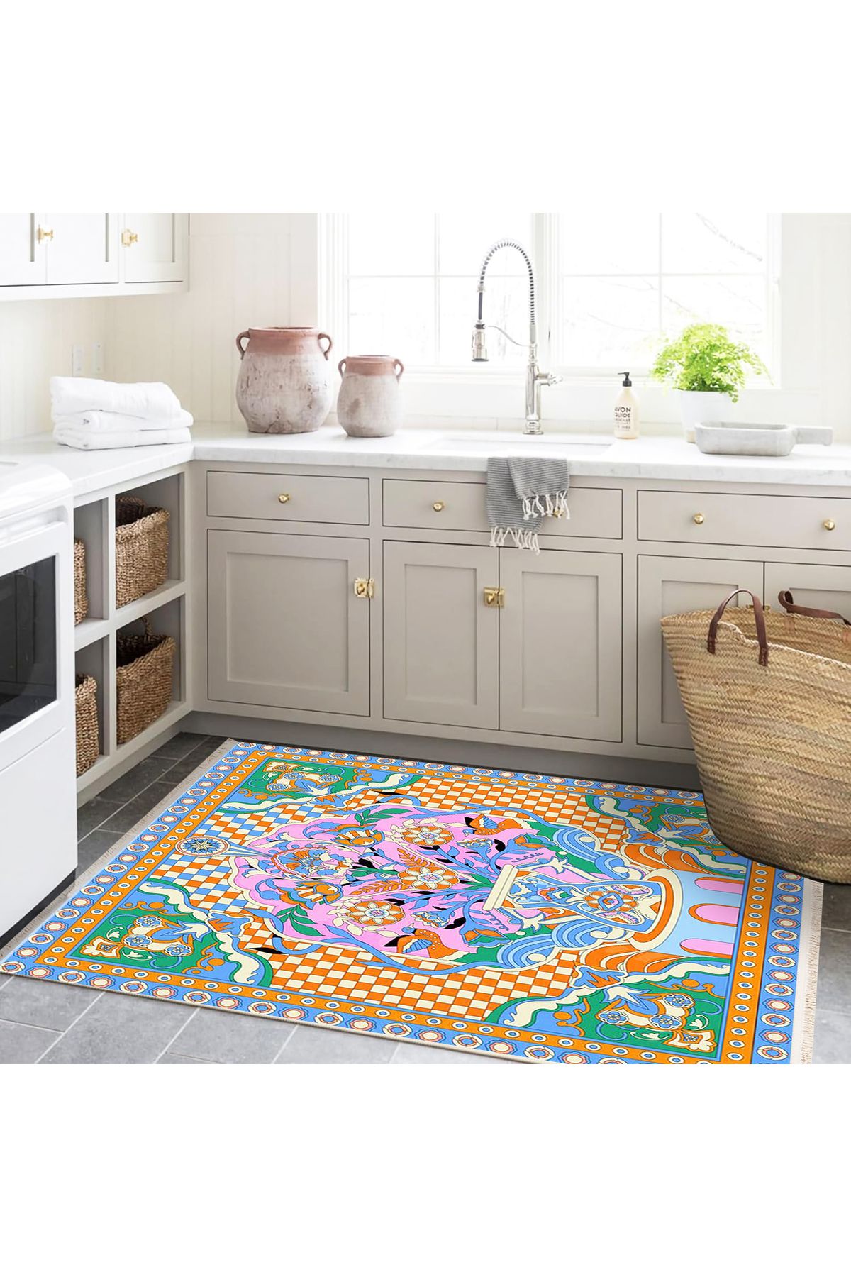 Özge Koleksiyonu Çok Renkli  Çiçek Ve Dama Detaylı Dokuma Taban Modern Dekoratif Halı özge40