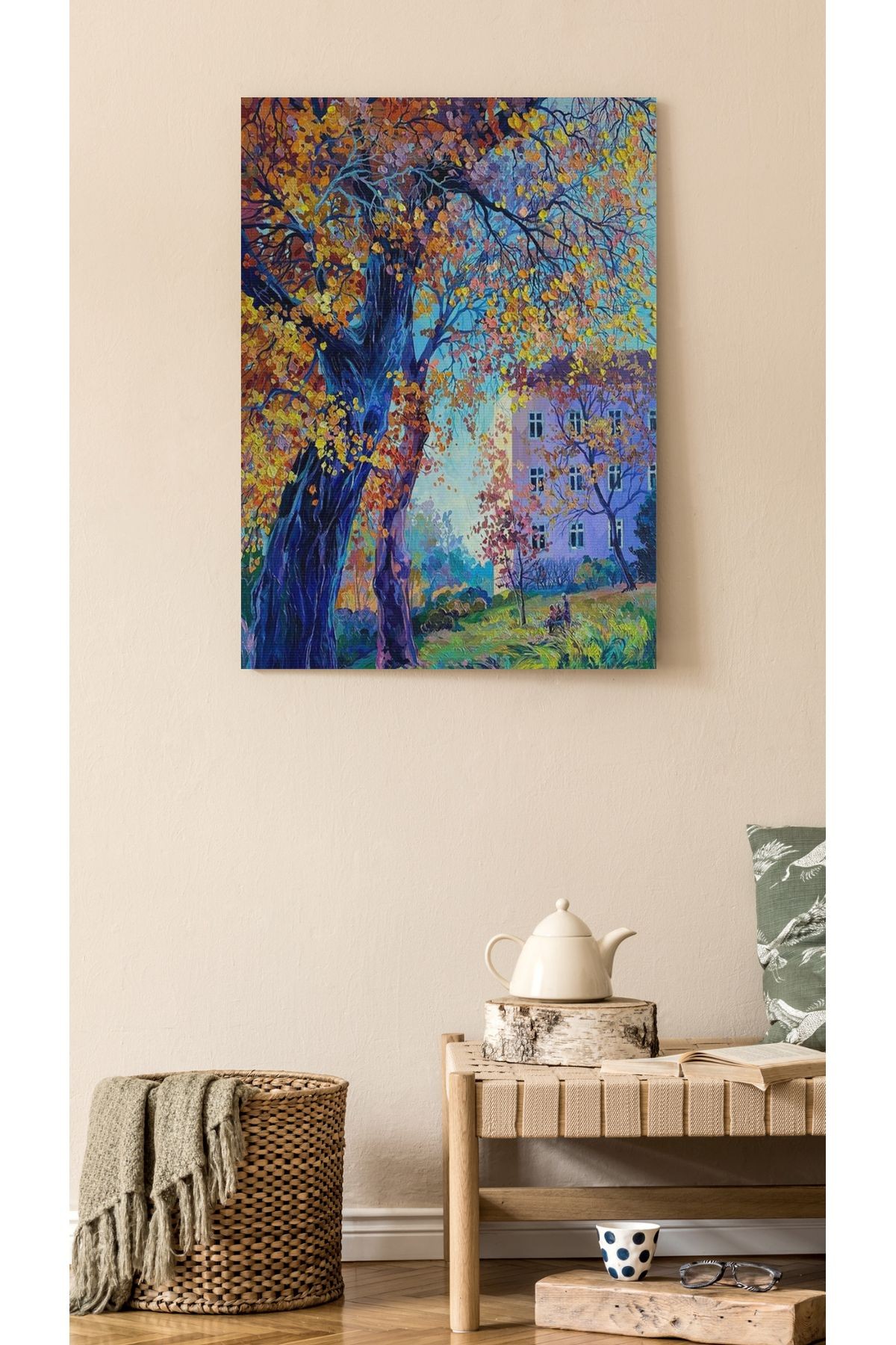 Kanvas Tablo Ev ve Blue Ağaç Desenli Modern Tablo