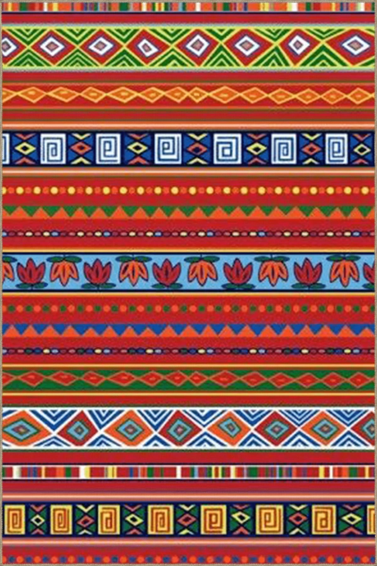 Kırmızı Temalı Çok Renkli Karma Etnik Figür Desenli Vintage Dekoratif Halı 4656