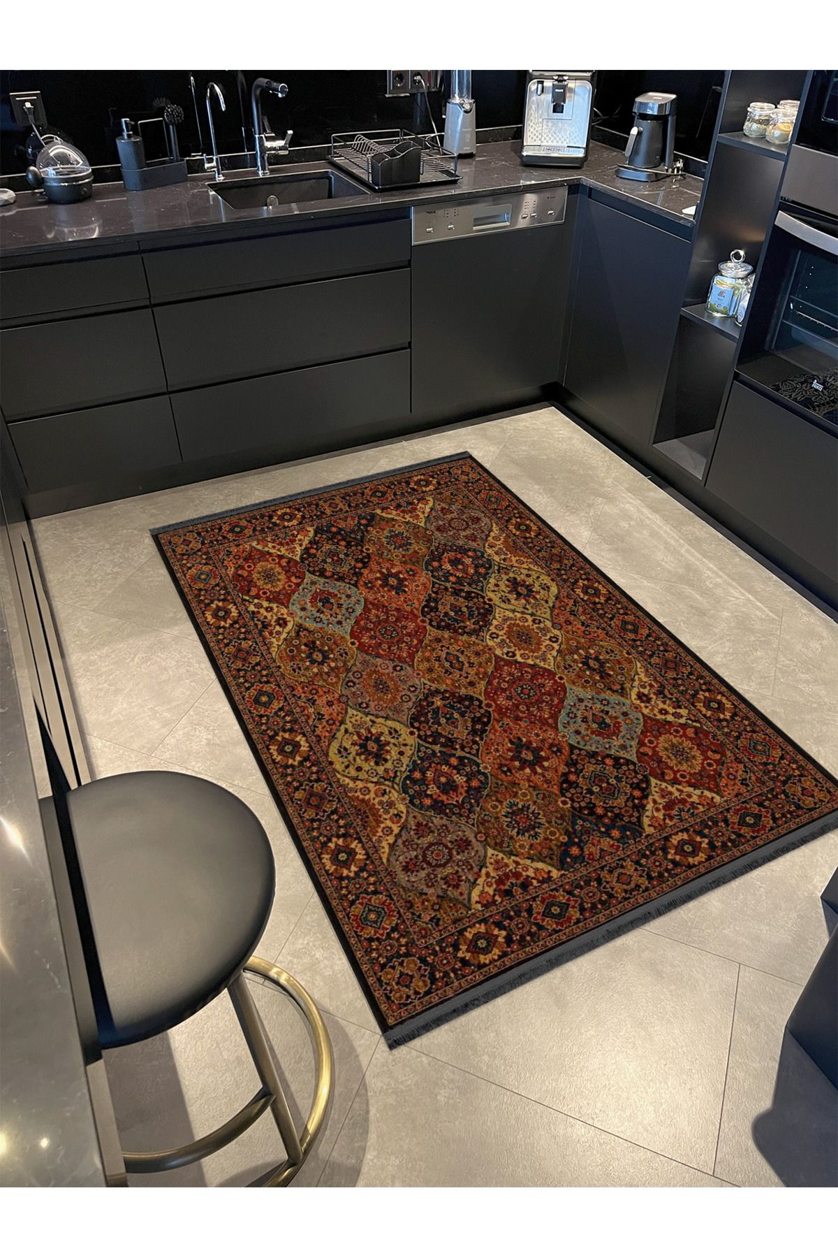 Kahve Temalı Çok Renkli Geleneksel Motif Etnik Desenli Vintage Dekoratif Halı 3962