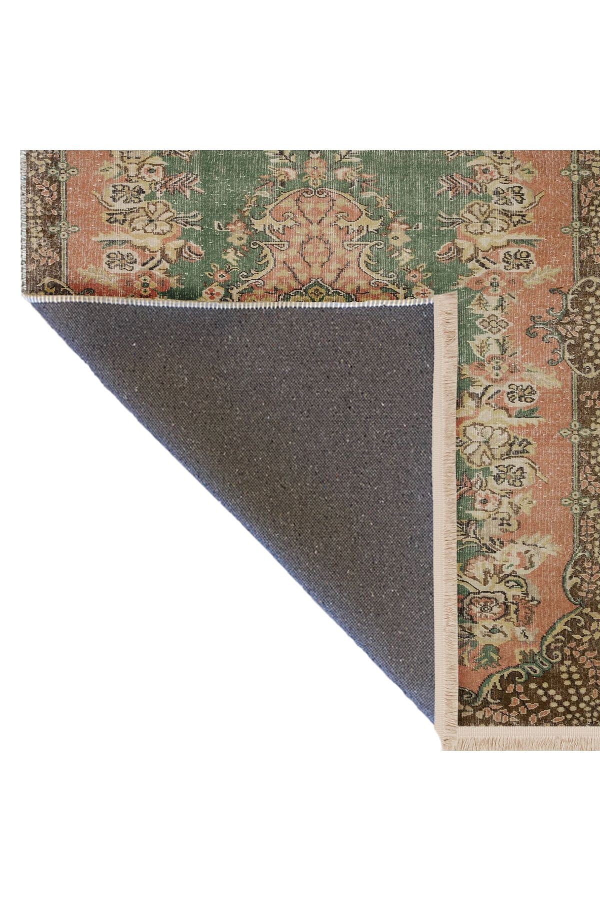 Memlük Koleksiyonu Yeşil Bej Temalı Geleneksel Vintage Desenli Dokuma Taban Dekoratif Halı memlük07