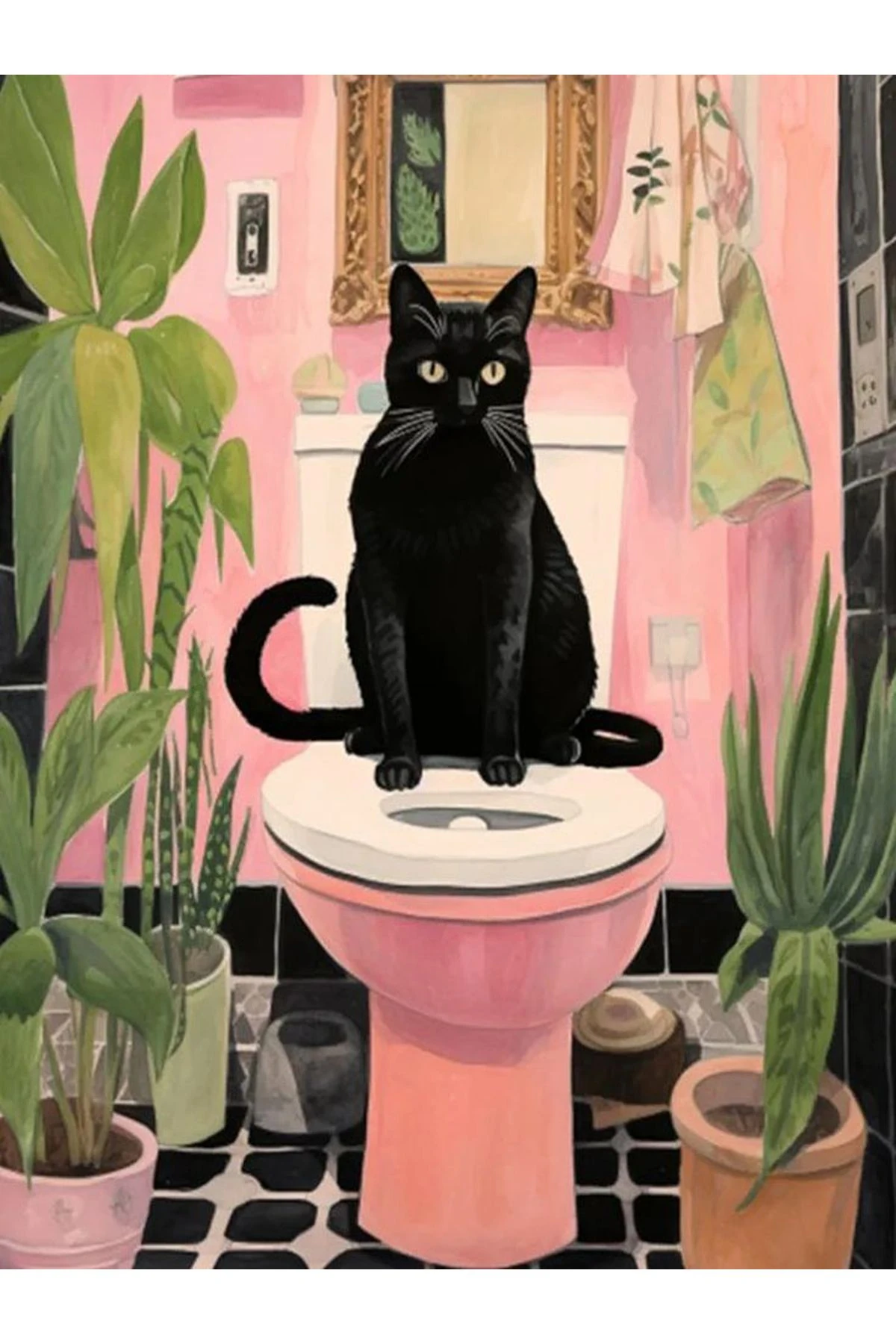 Kuzey Koleksiyonu Pembe Banyoda Siyah Kedi Desenli Dokuma Taban Dekoratif Halı Kuzey29