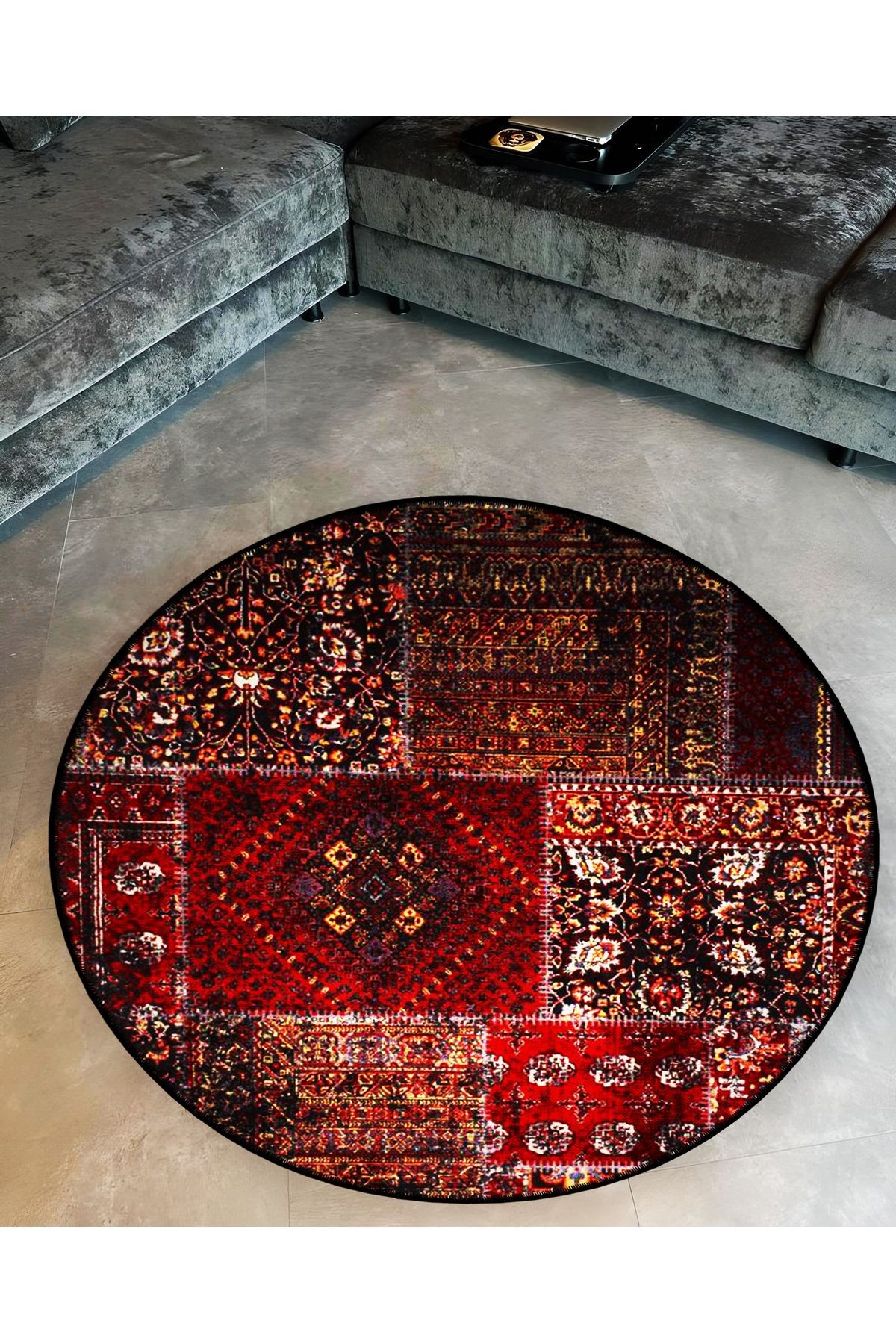 Bordo Tema Etnik Motifler Geleneksel Desenli Yuvarlak Dokuma Taban Vintage Dekoratif Halı 6160