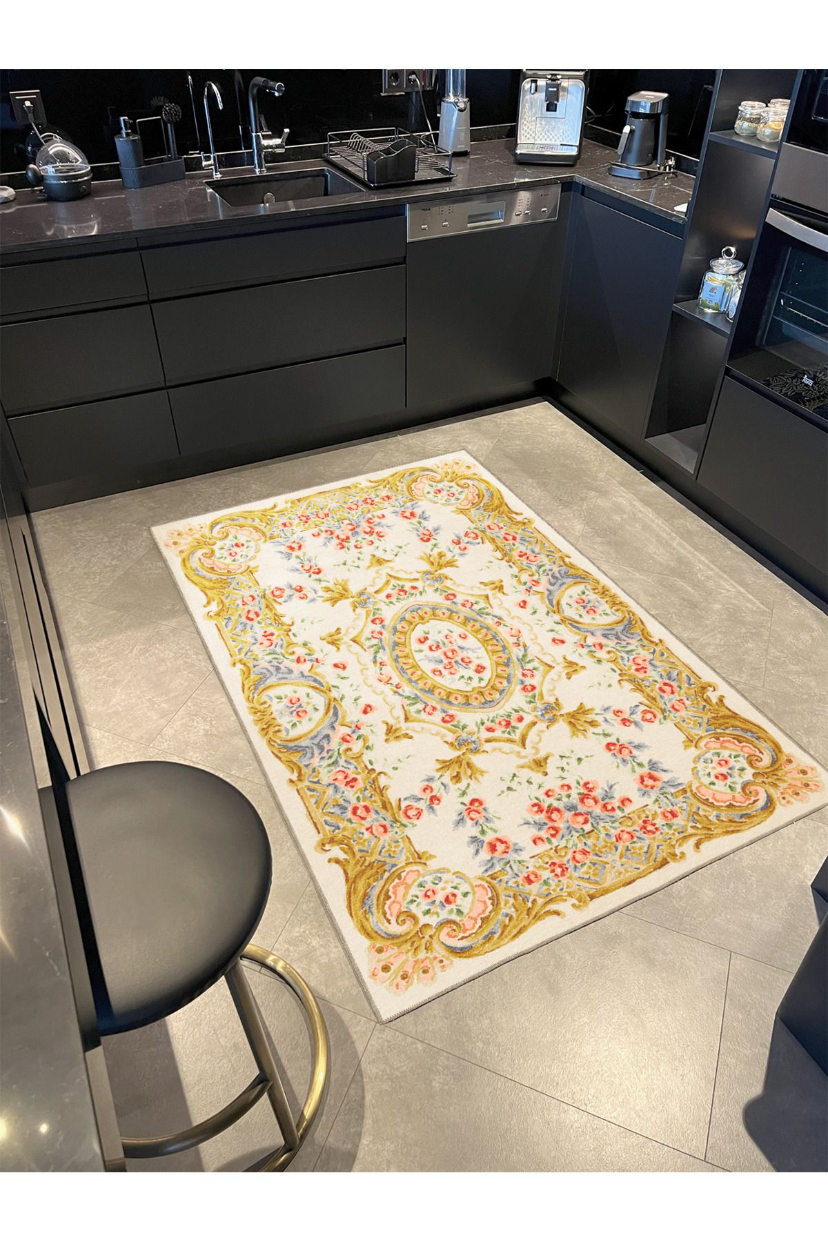 Sarı Bej Temalı Geleneksel Motif Etnik Çiçek Desenli Vintage Dekoratif Halı 3437