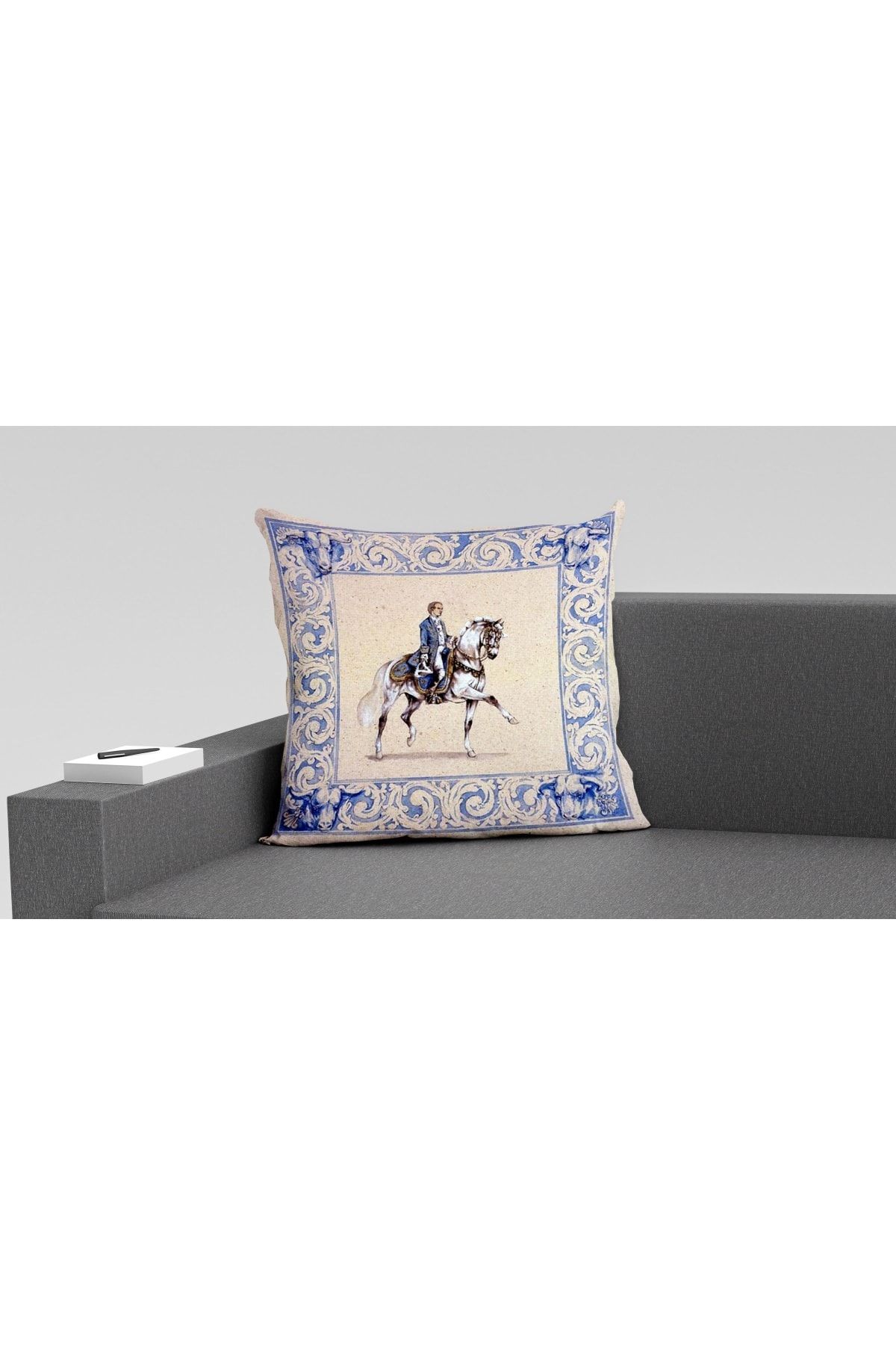 Kırlent Mavi Krem Beyaz At Temalı Pillow48