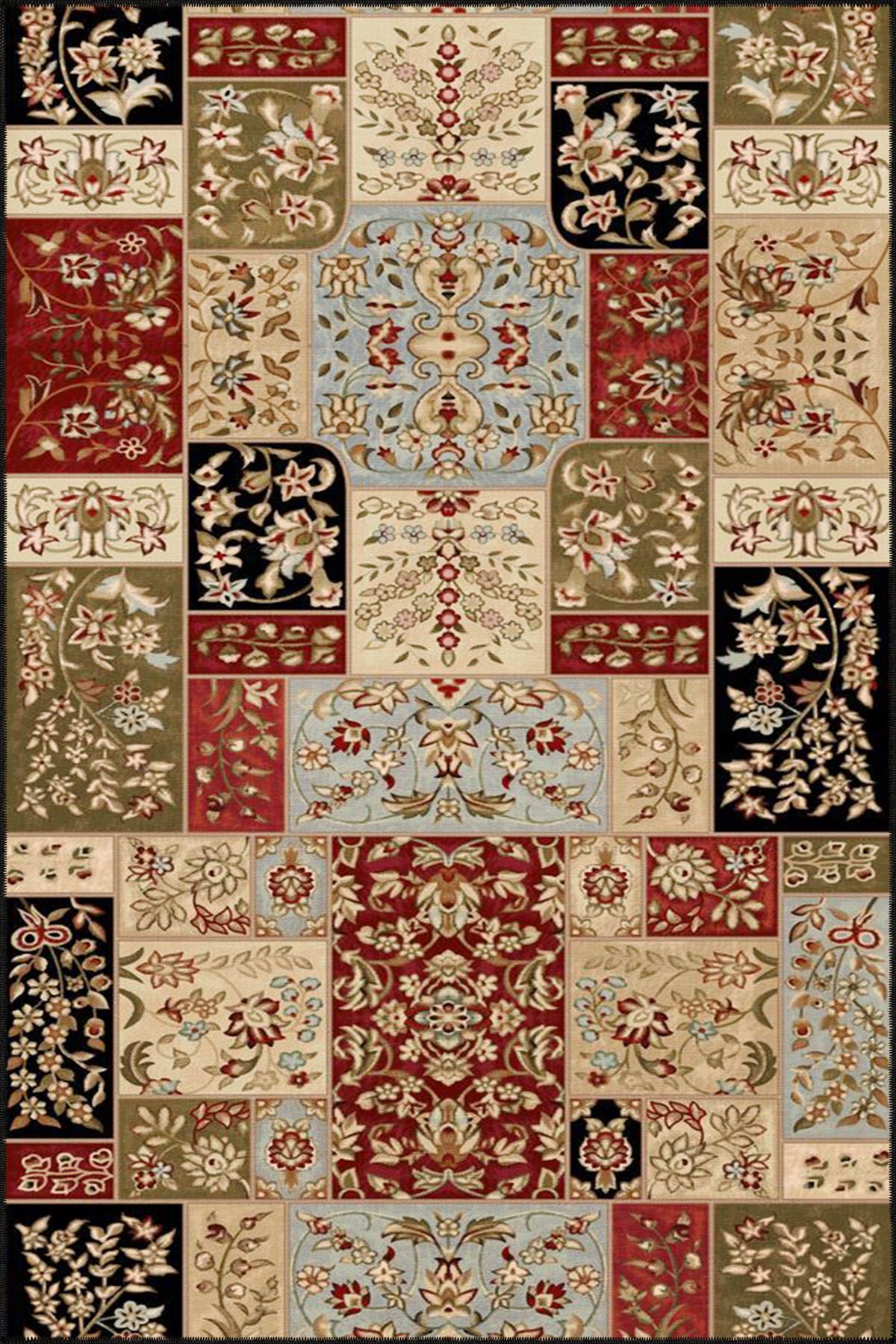 Kahverengi ve Kırmızı Renklerde Geometrik Kareli Dokuma Taban Halı 4436