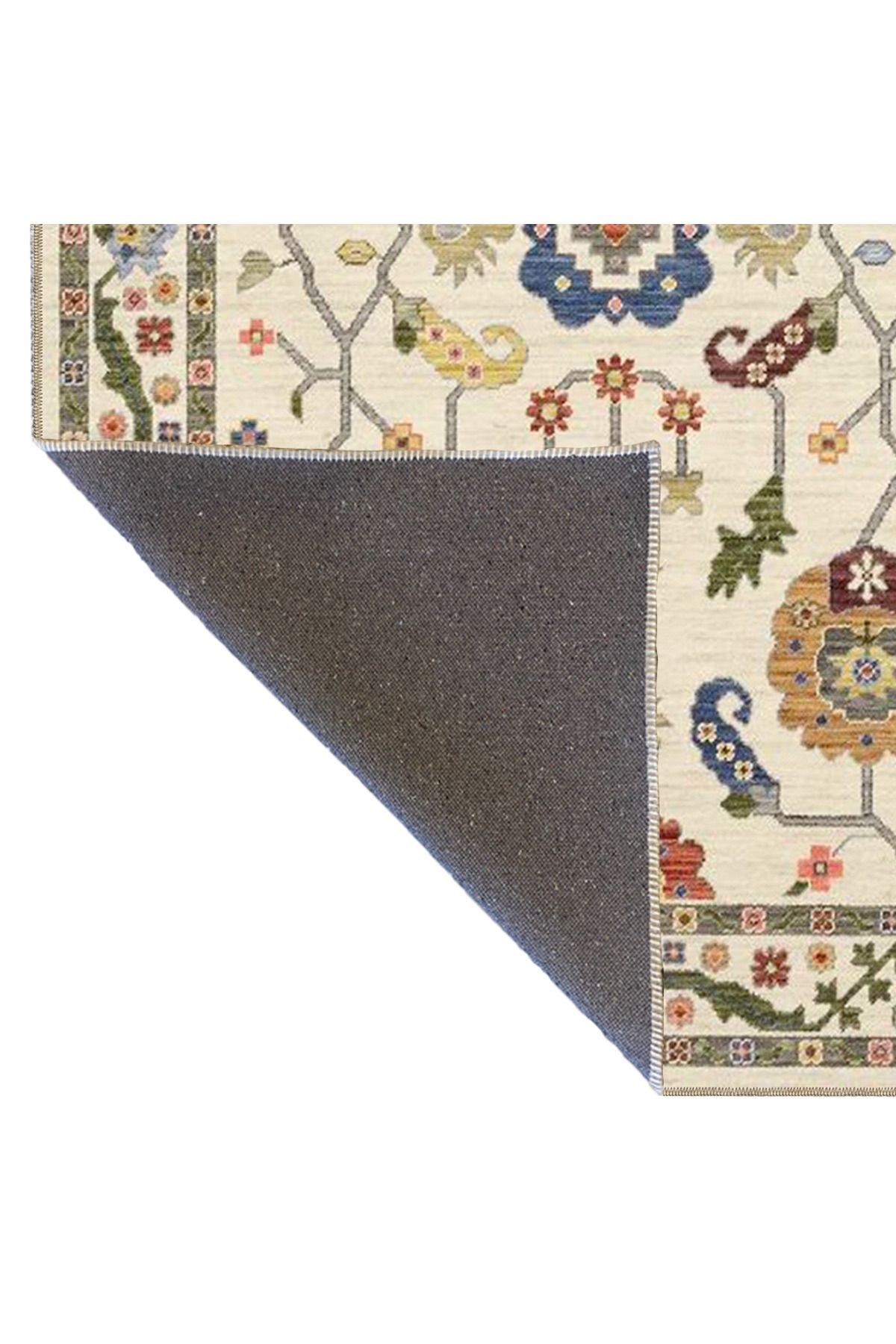 Bej Temalı Çok Renkli Motifli Etnik Çiçek Desenli Vintage Dekoratif Halı 3902